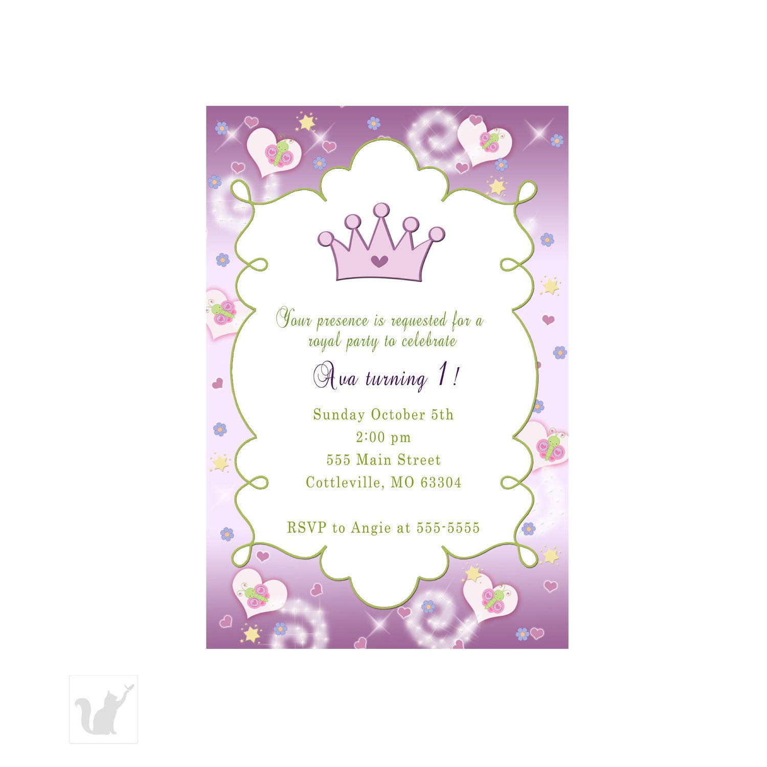 Princess Invitation Girl Birthday Baby Shower Purple Green