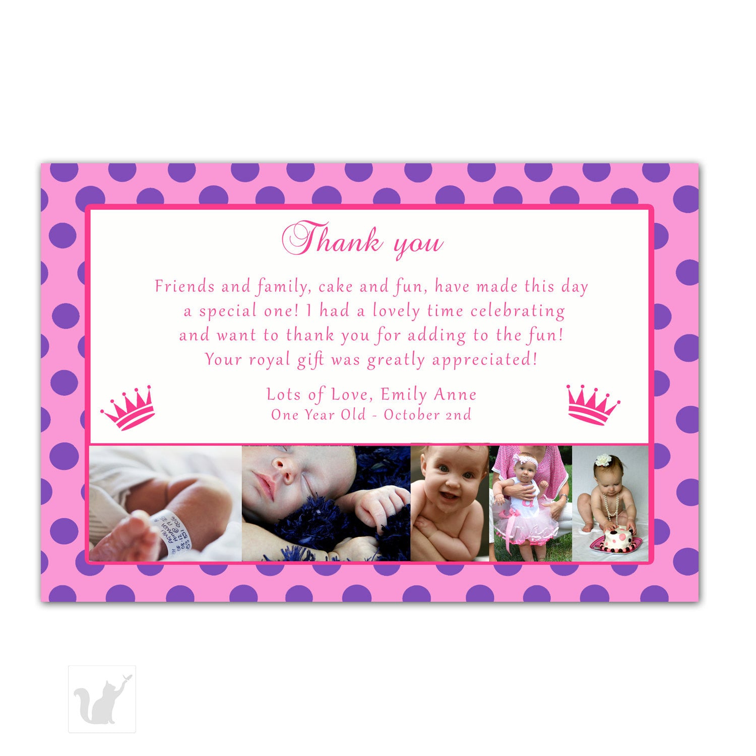 Princess Thank You Note Photo Card Girl Birthday Pink Purple