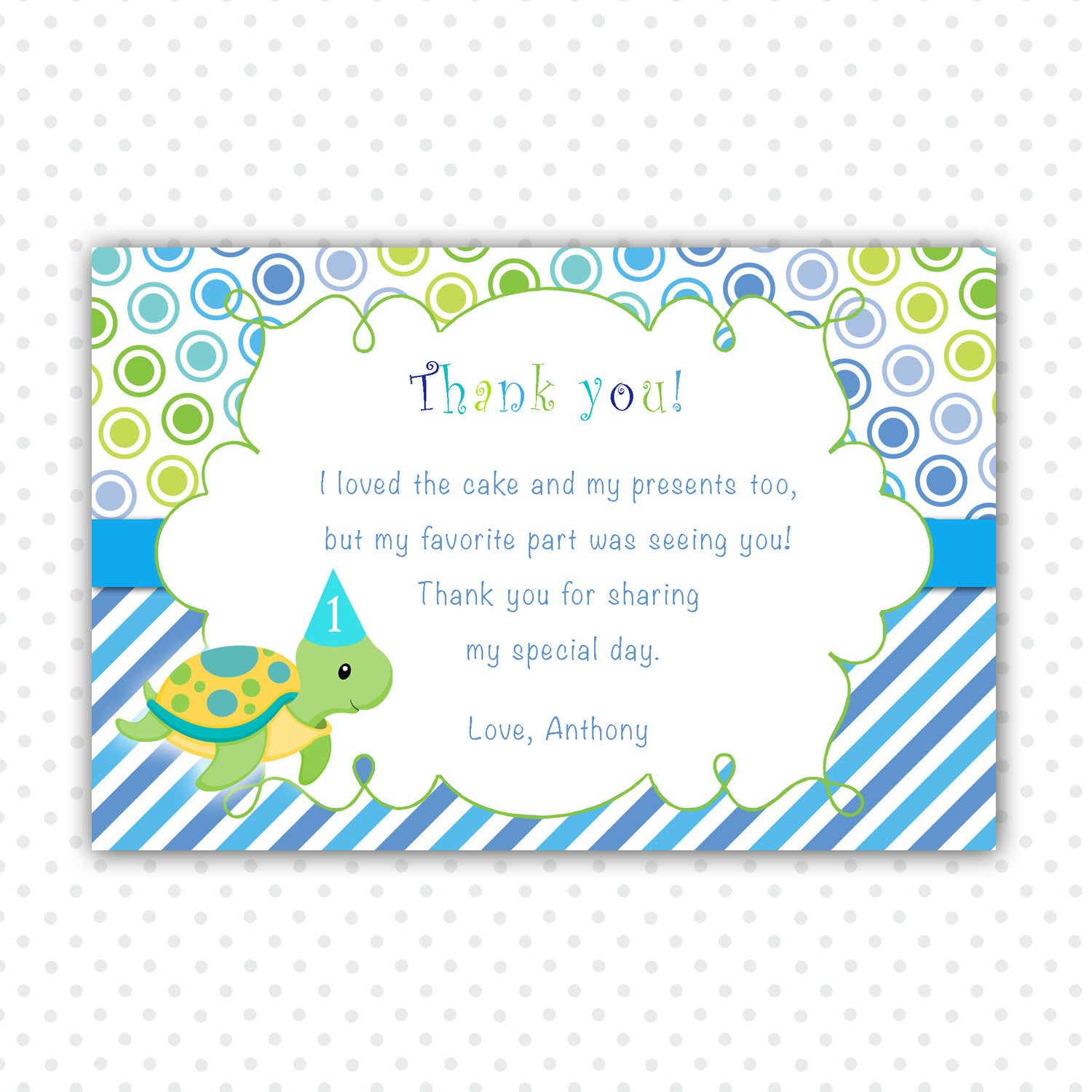 Ocean Sea Turtle Birthday Thank You Card Note Blue Green
