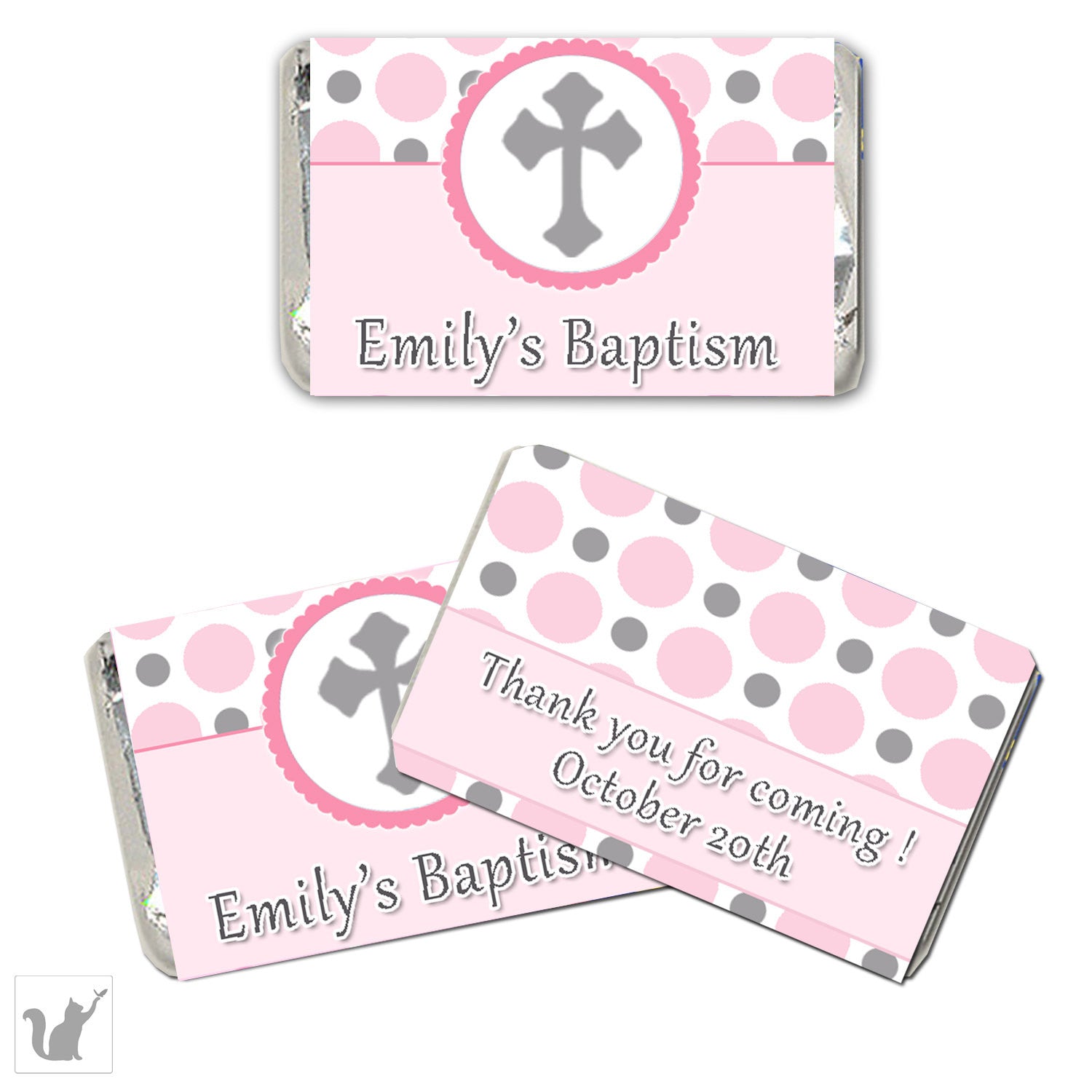 Gray Pink Baptism Christening Mini Candy Wrapper Label