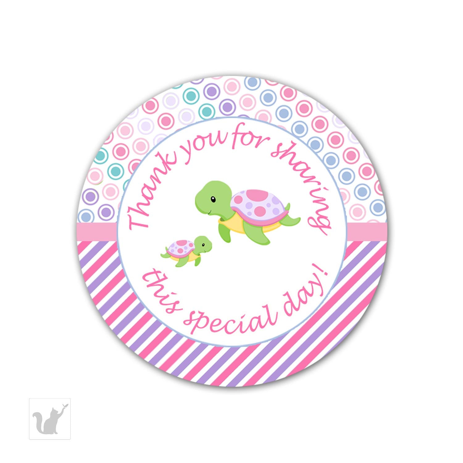 INSTANT DOWNLOAD Turtle Baby Shower Thank You Tag - Stripes Polka Dots Printable Decorations Round Party Stickers Girl Baby Shower Favors