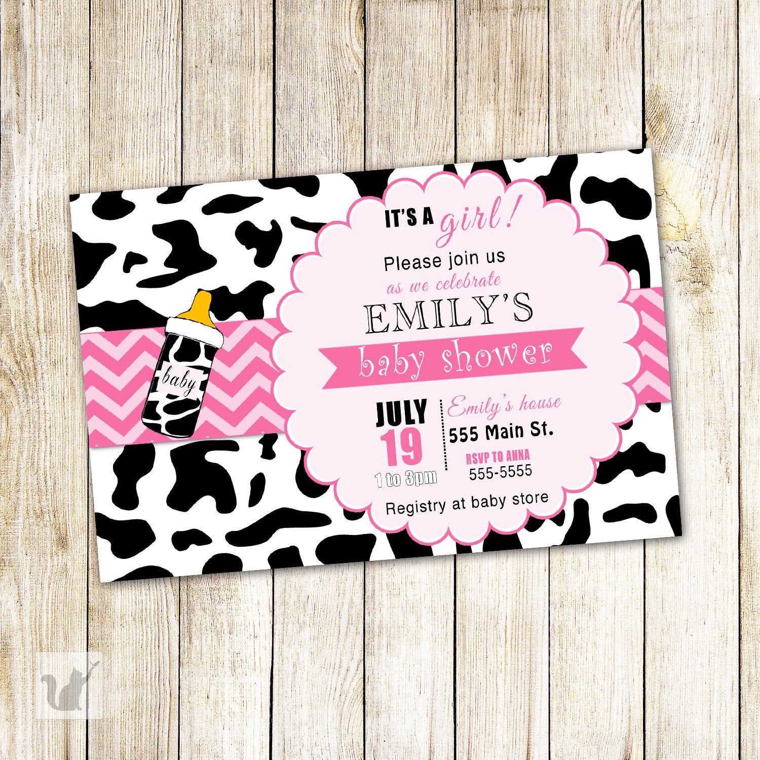 cow invitation baby girl shower pink