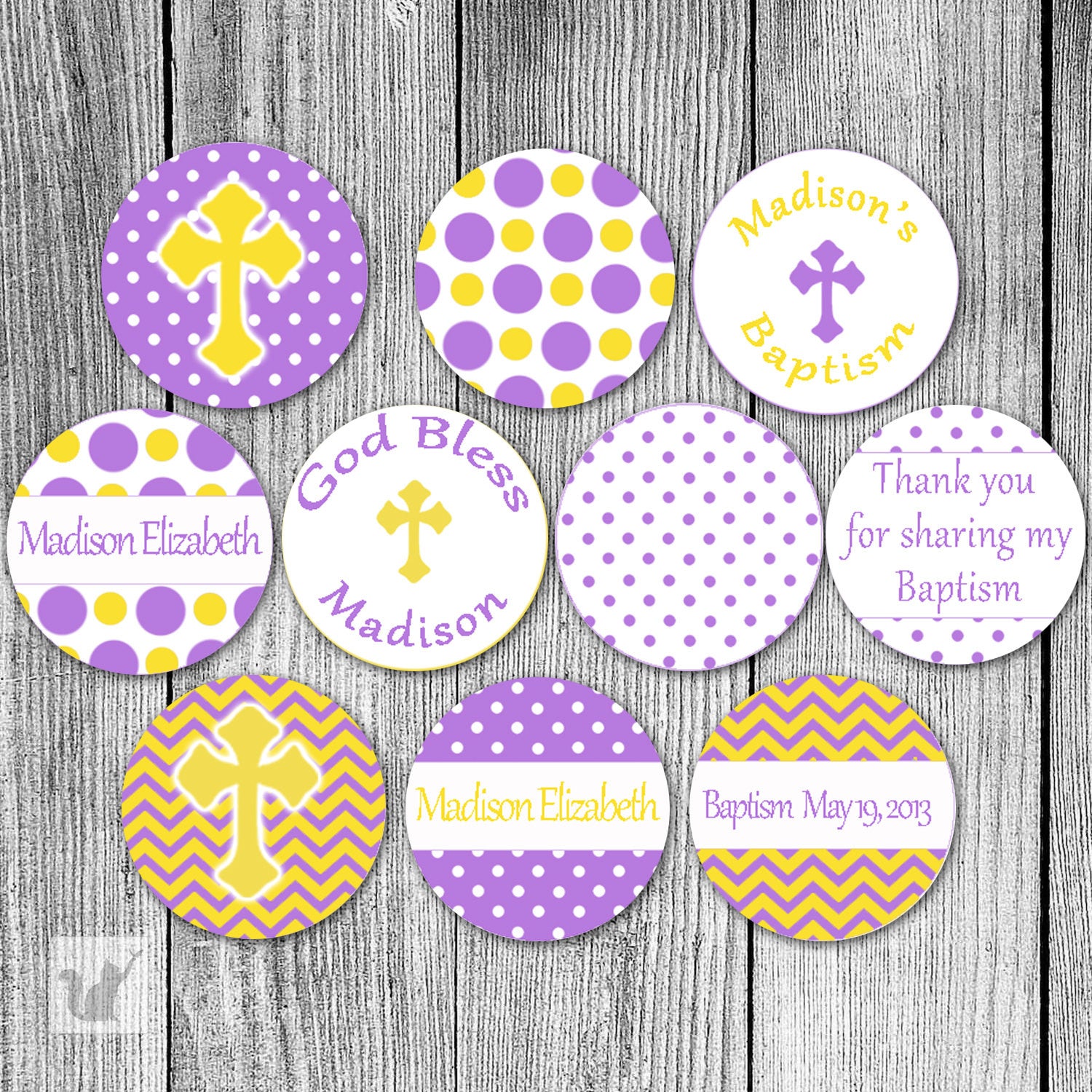 Small Candy Label Sticker Baptism Christening Yellow Purple