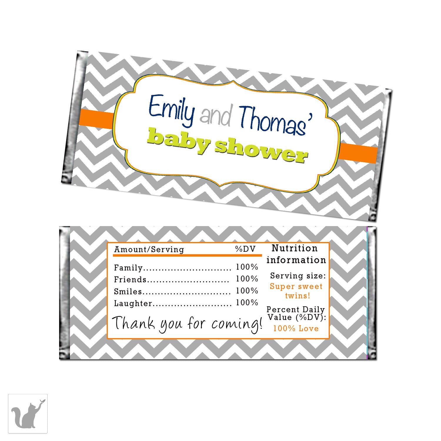Grey Orange Baby Shower Candy Bar Wrappers Label
