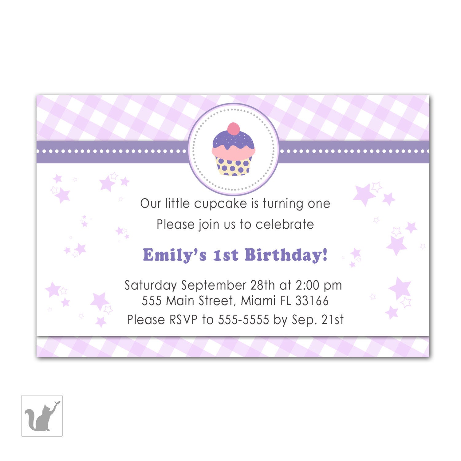 cupcake birthday invitation girl purple gingham