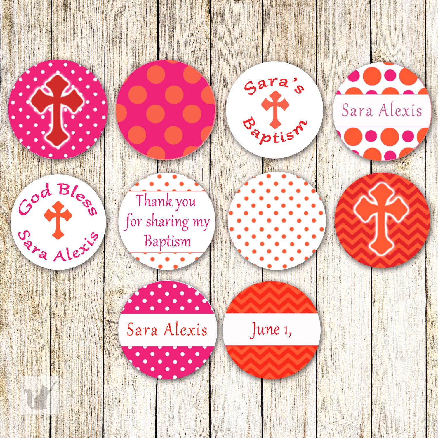 Hot Pink Orange Small Candy Label Sticker Christening Baptism Communion