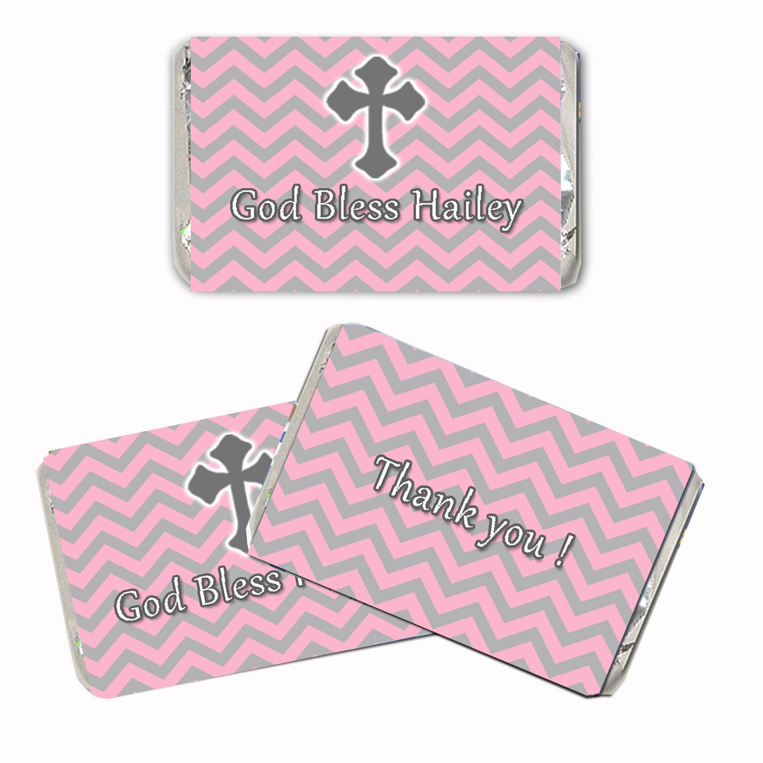 Pink Grey Christening Baptism Mini Candy Wrapper Label
