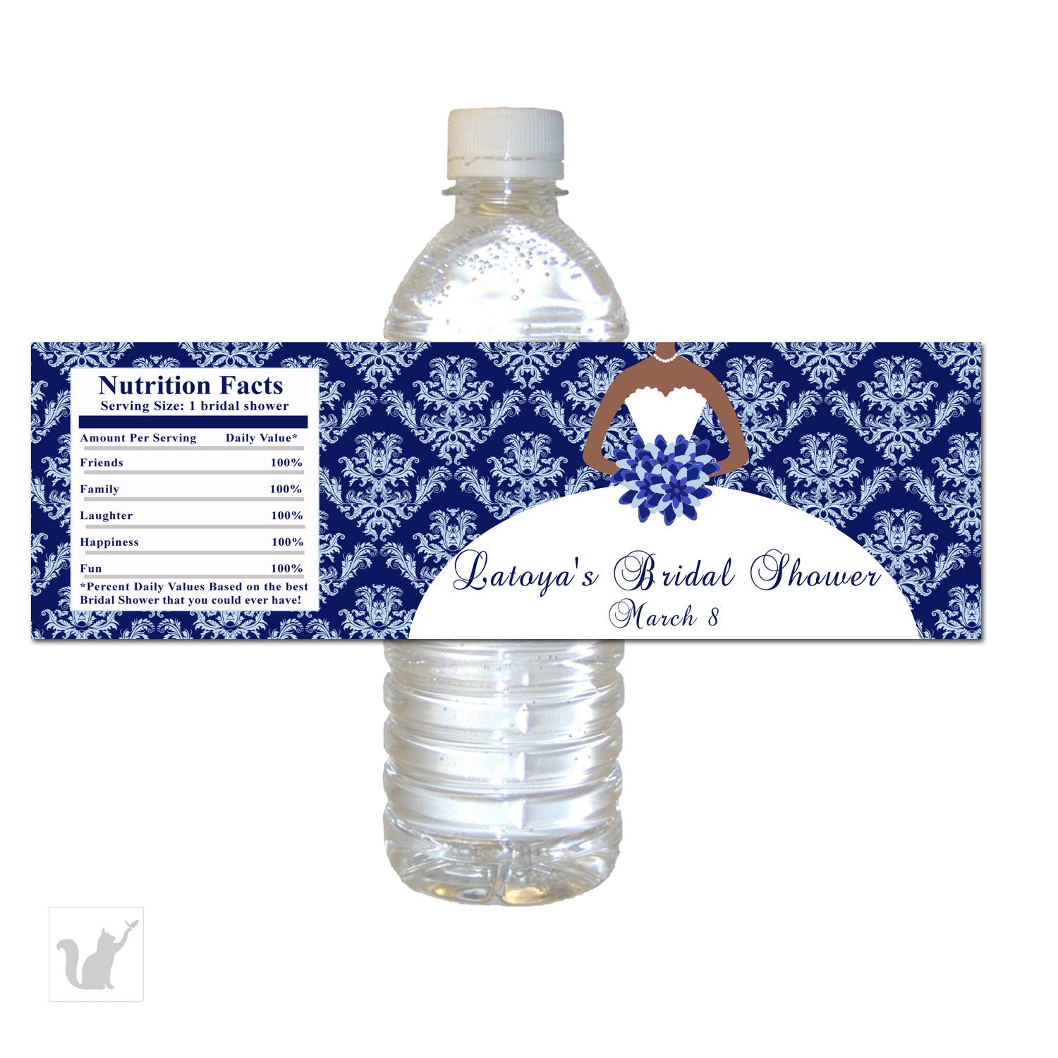 blue dress for bridal shower Navy Blue Dress Bridal Shower Bottle Label African American Printable – Pink the Cat