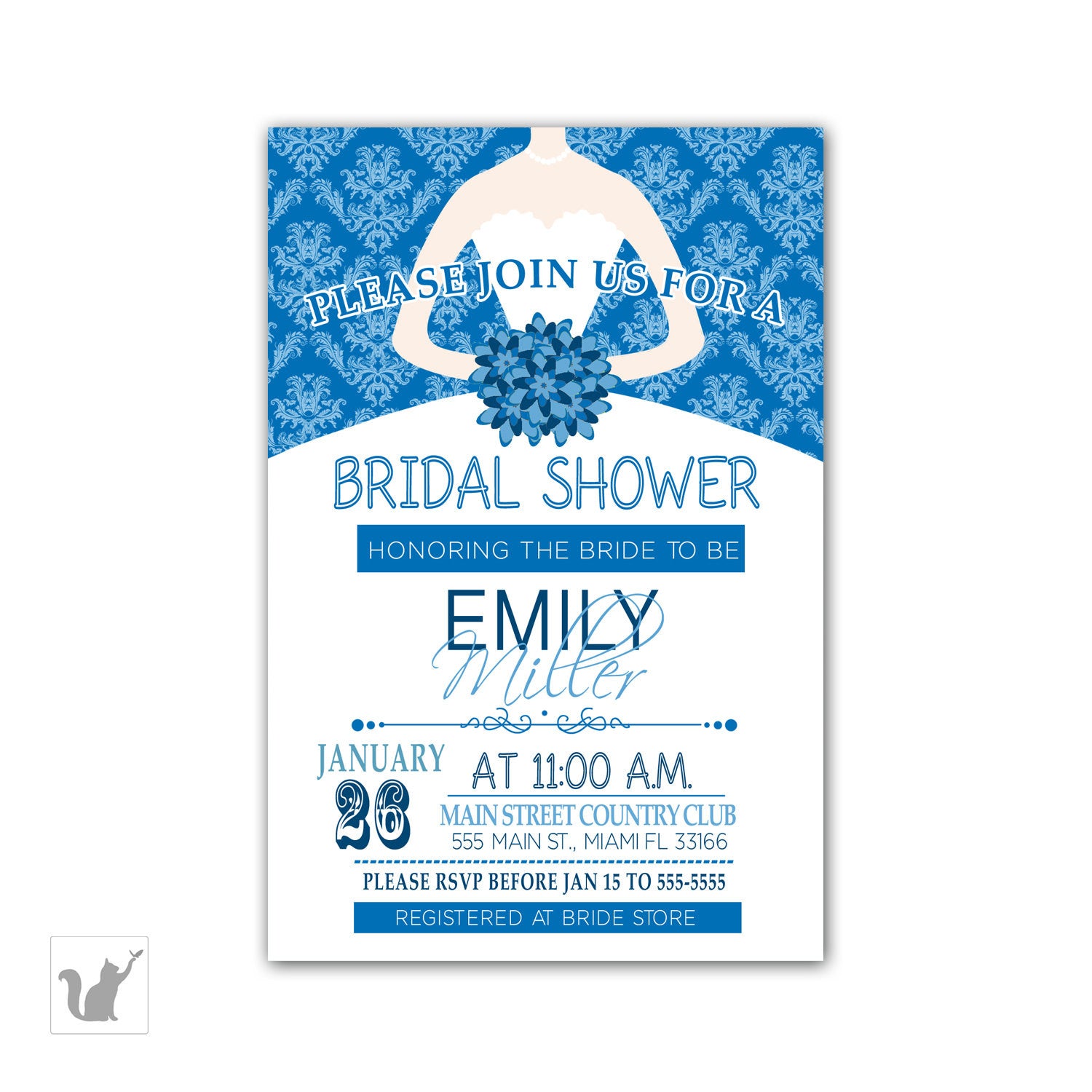dress blue damask invitation bridal shower