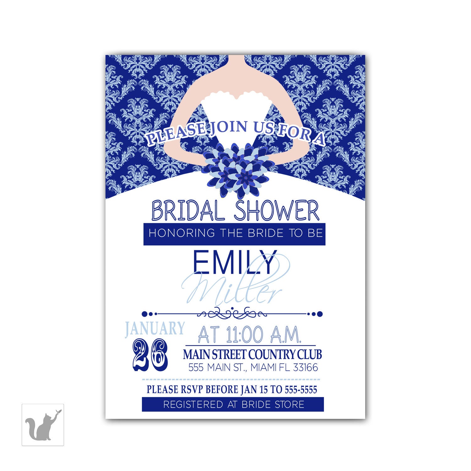 Dress Invitation Bridal Shower Sweet 15 16 Royal Blue