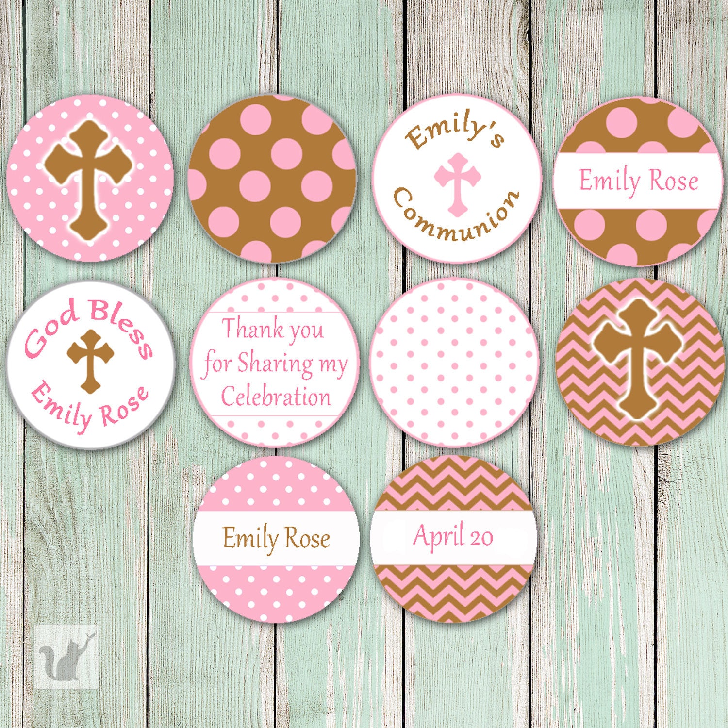Small Candy Label Sticker Christening Baptism Brown Pink