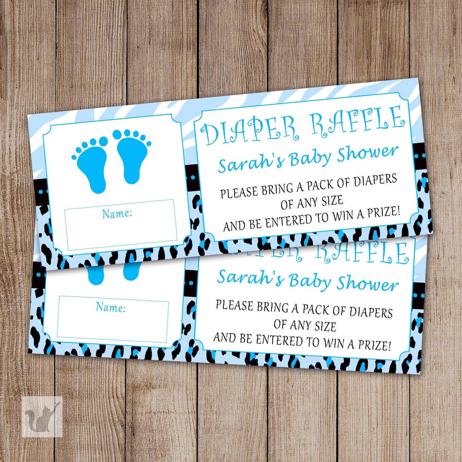 Diaper Raffle Card Ticket Baby Boy Shower Blue Zebra Feet
