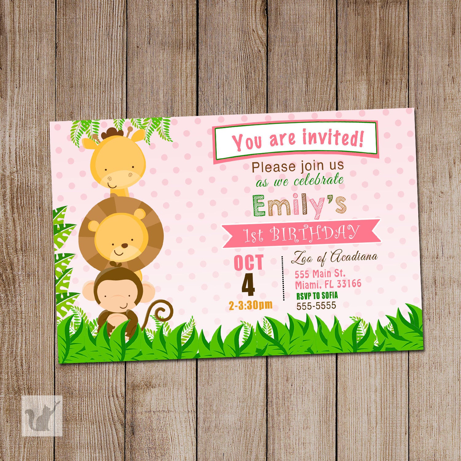 pink jungle birtdhay invitation