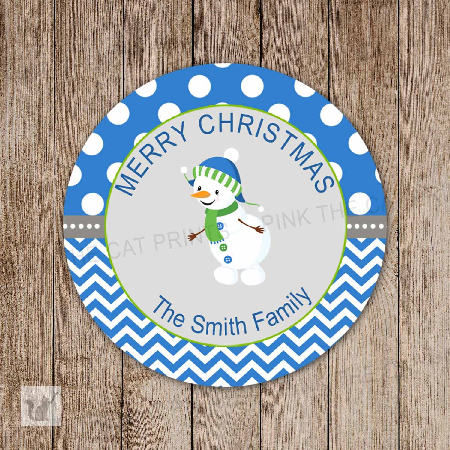 Printable Personalized Christimas Snowmen Holiday Xmas Winter Labels Blue Grey Silver Custom Gift Tags Favor Labels Decoration