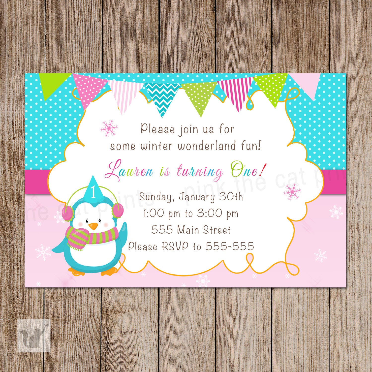 penguin birthday invitation pink turquoise