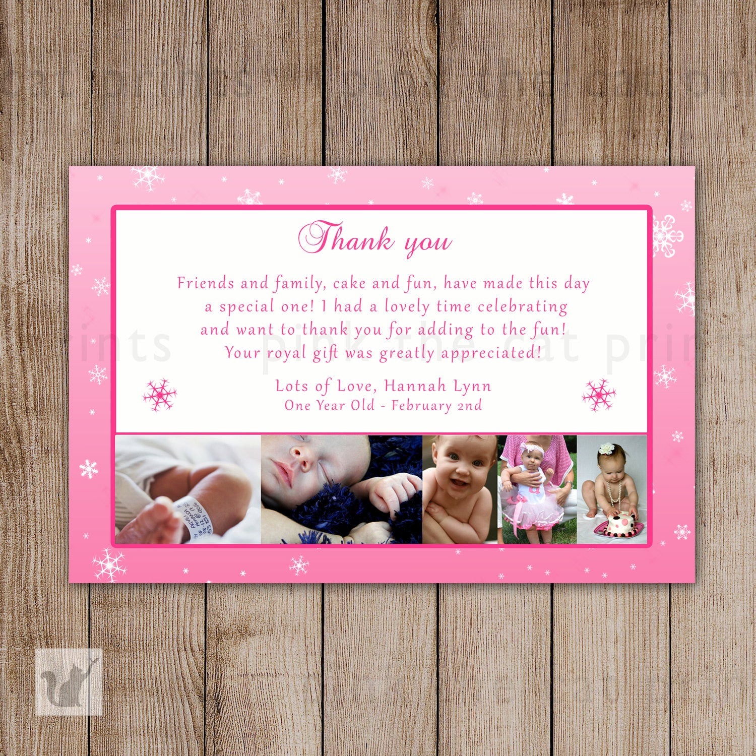 Winter Thank You Note Photo Card Girl Birthday Pink