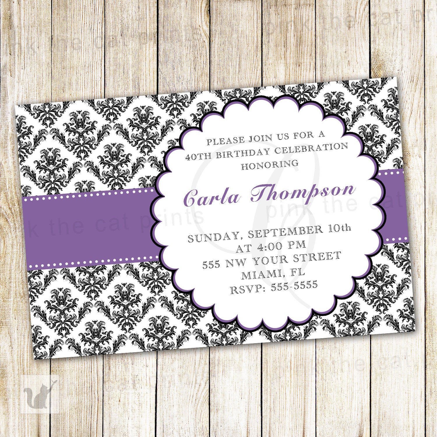 Adult Birthday Invitation Purple Black Damask