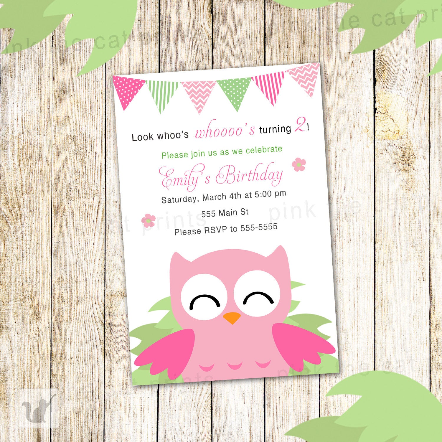 pink owl invitation