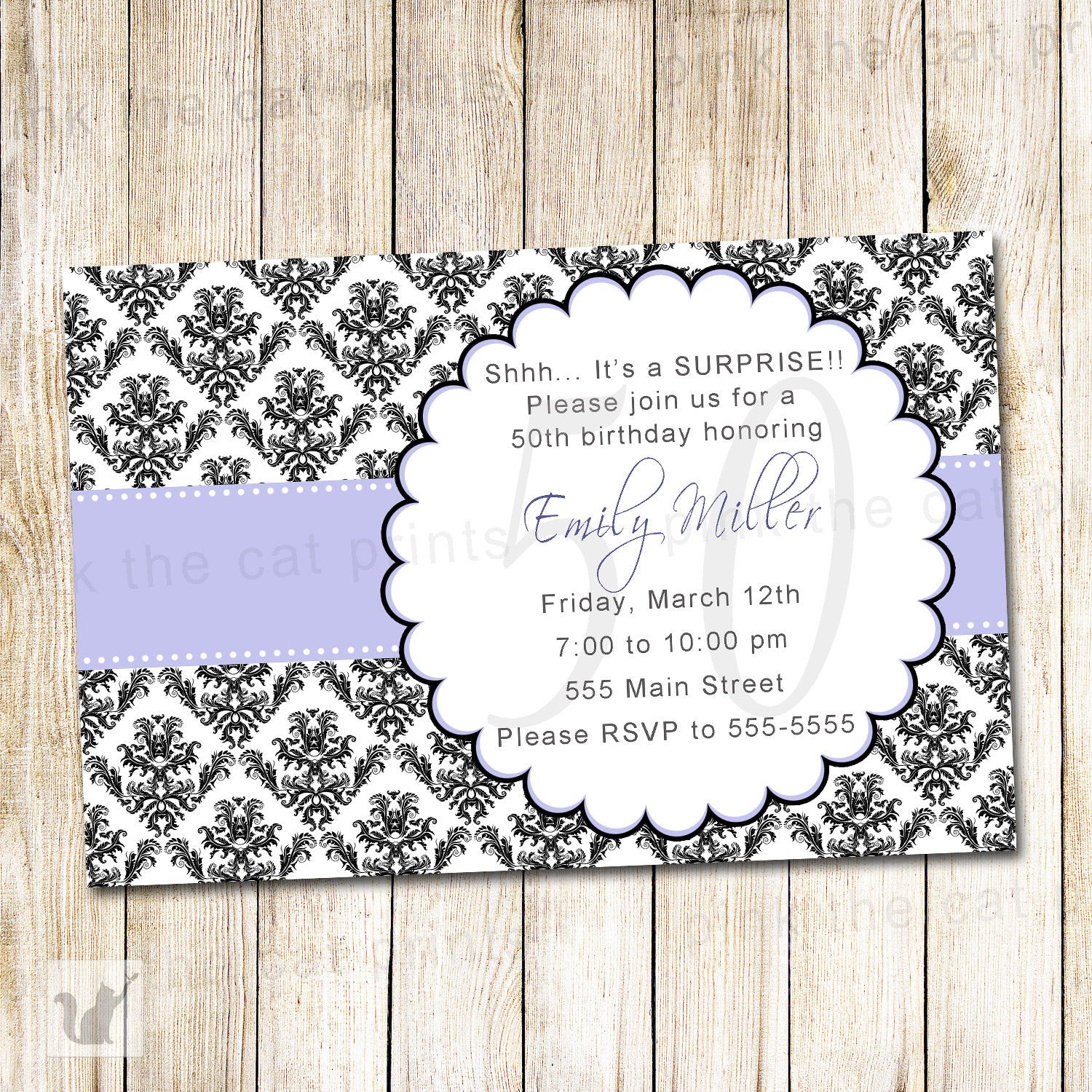 Adult Birthday Invitation Lavender Black Damask