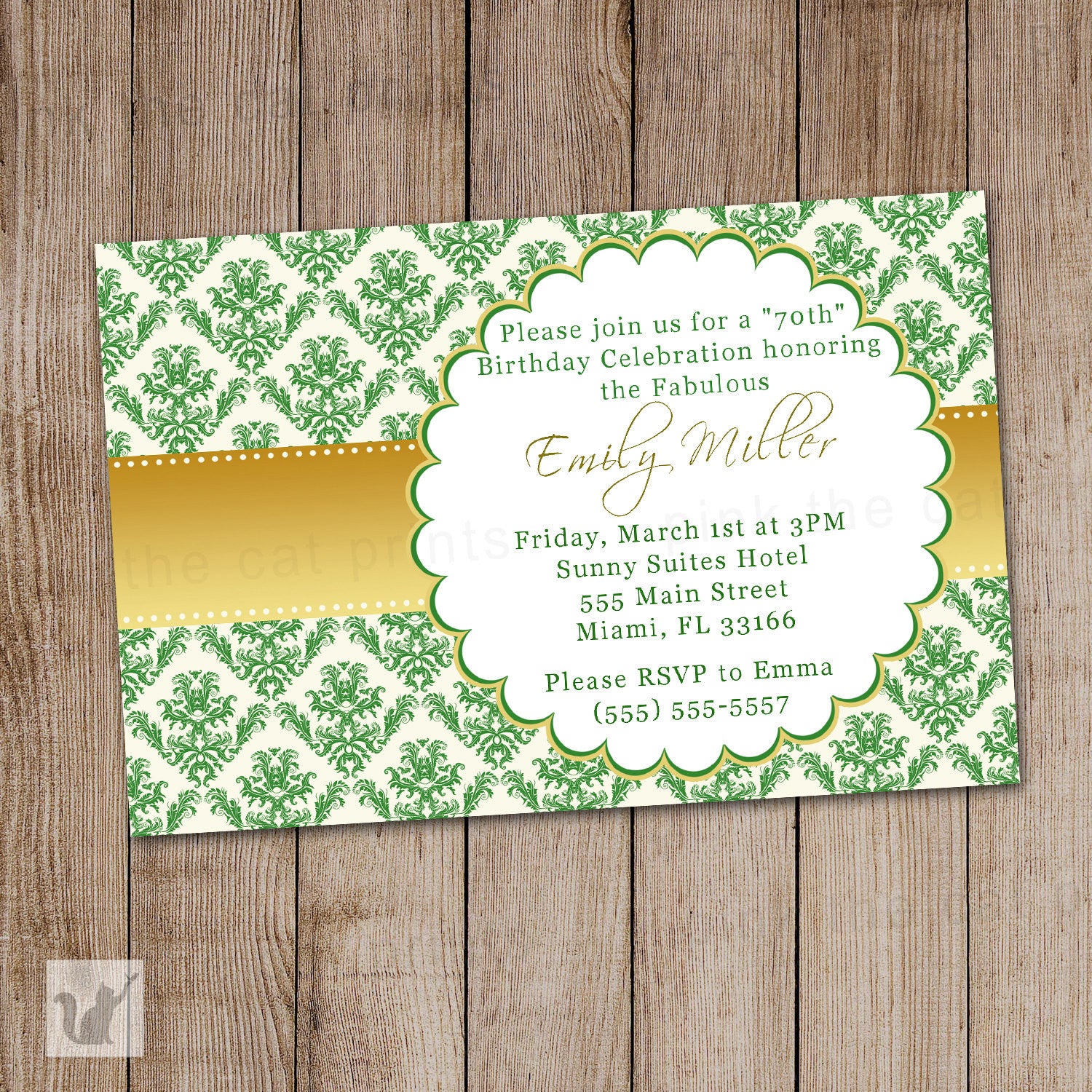 emerald green gold damask invitation