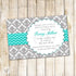 turquoise grey damask invitation