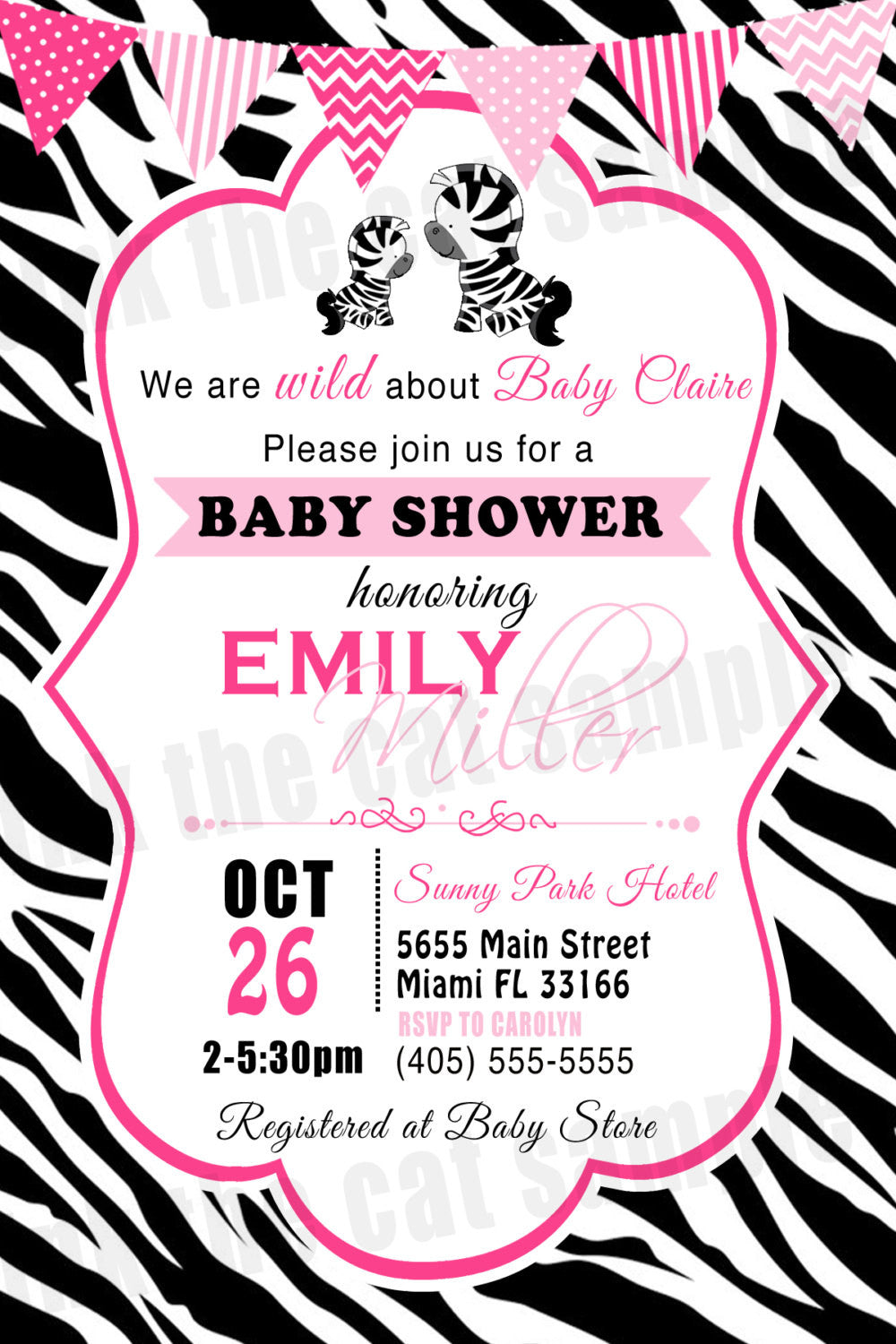 Zebra Invitation Baby Girl Shower Pink Black