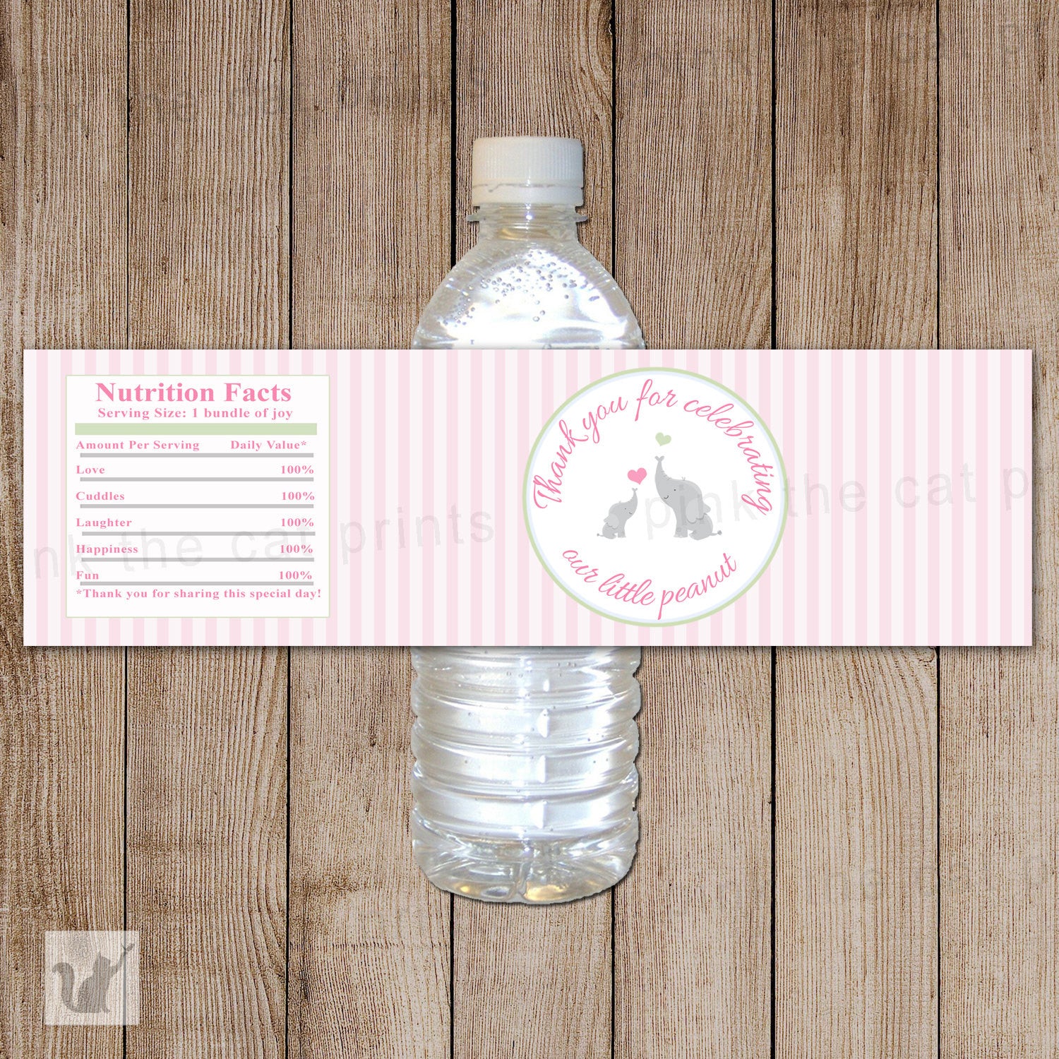 Elephant Bottle Label Baby Girl Shower Pink Stripes