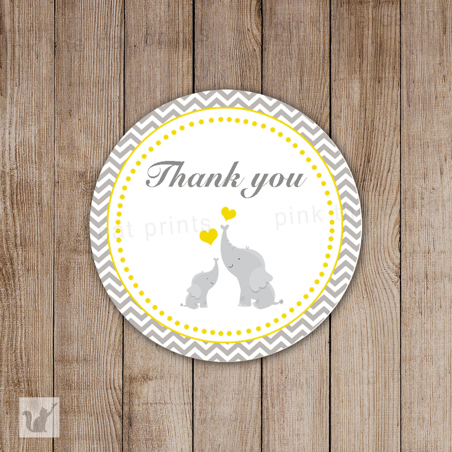 Elephant Thank You Label Baby Shower Gift Favor Tag Yellow Grey Sticker