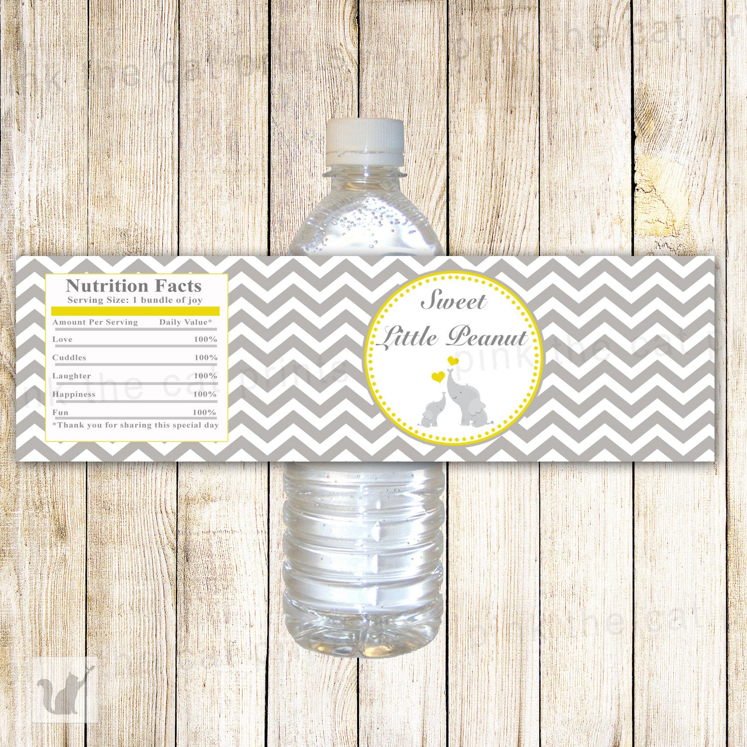 Elephant Water Bottle Label Baby Boy Shower Yellow Grey Unisex