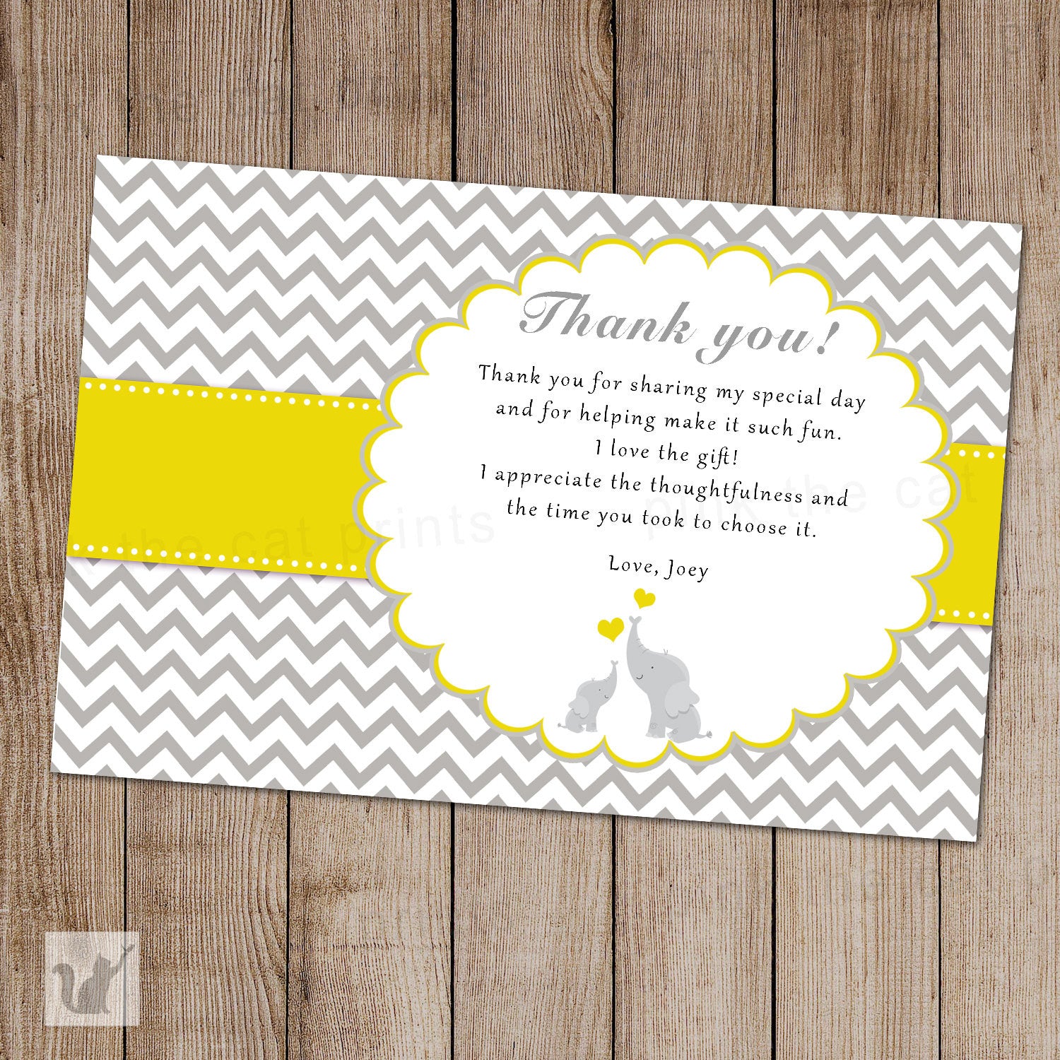 Elephant Thank You Card Baby Shower Yellow Grey Unisex