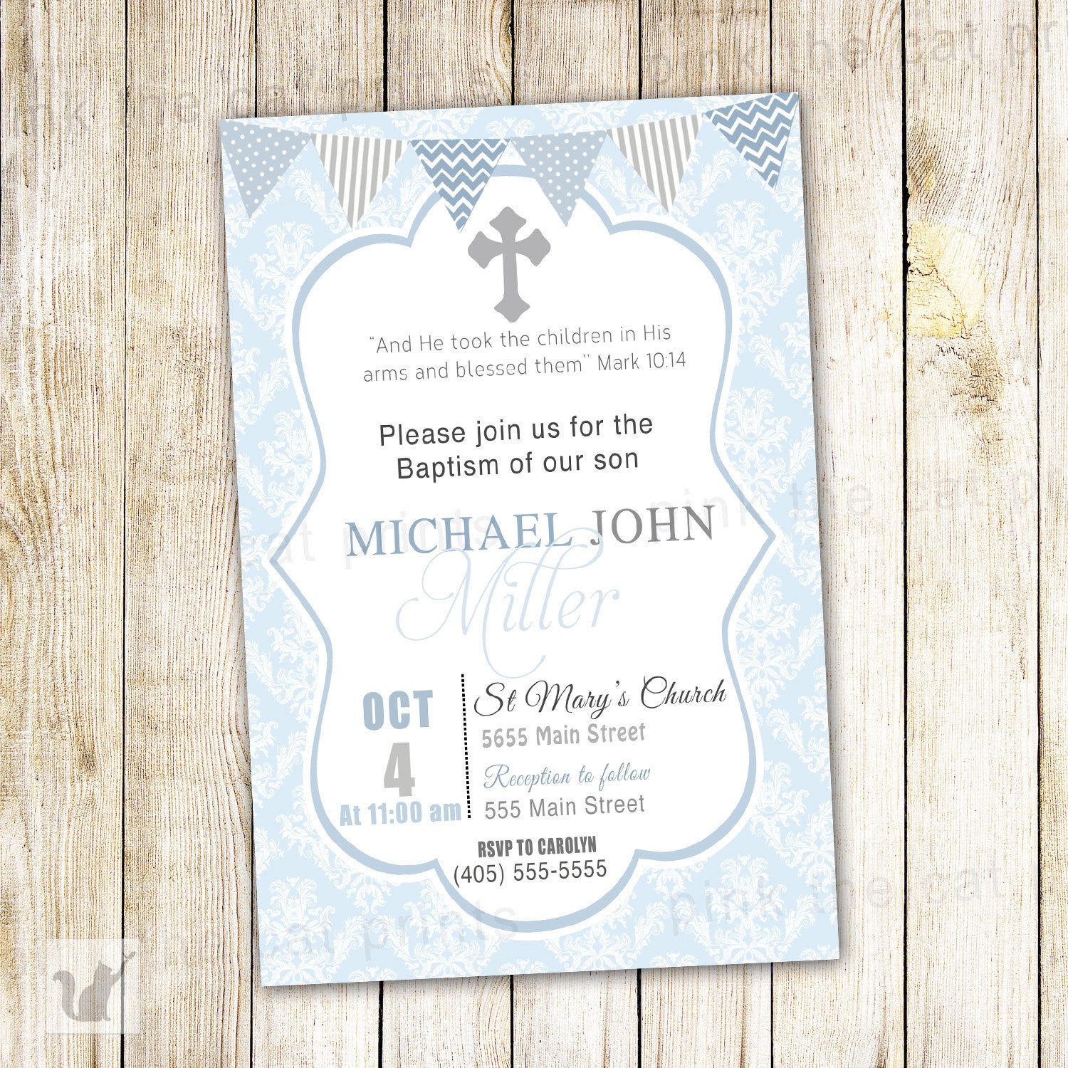 boy baptism blue damask invitation