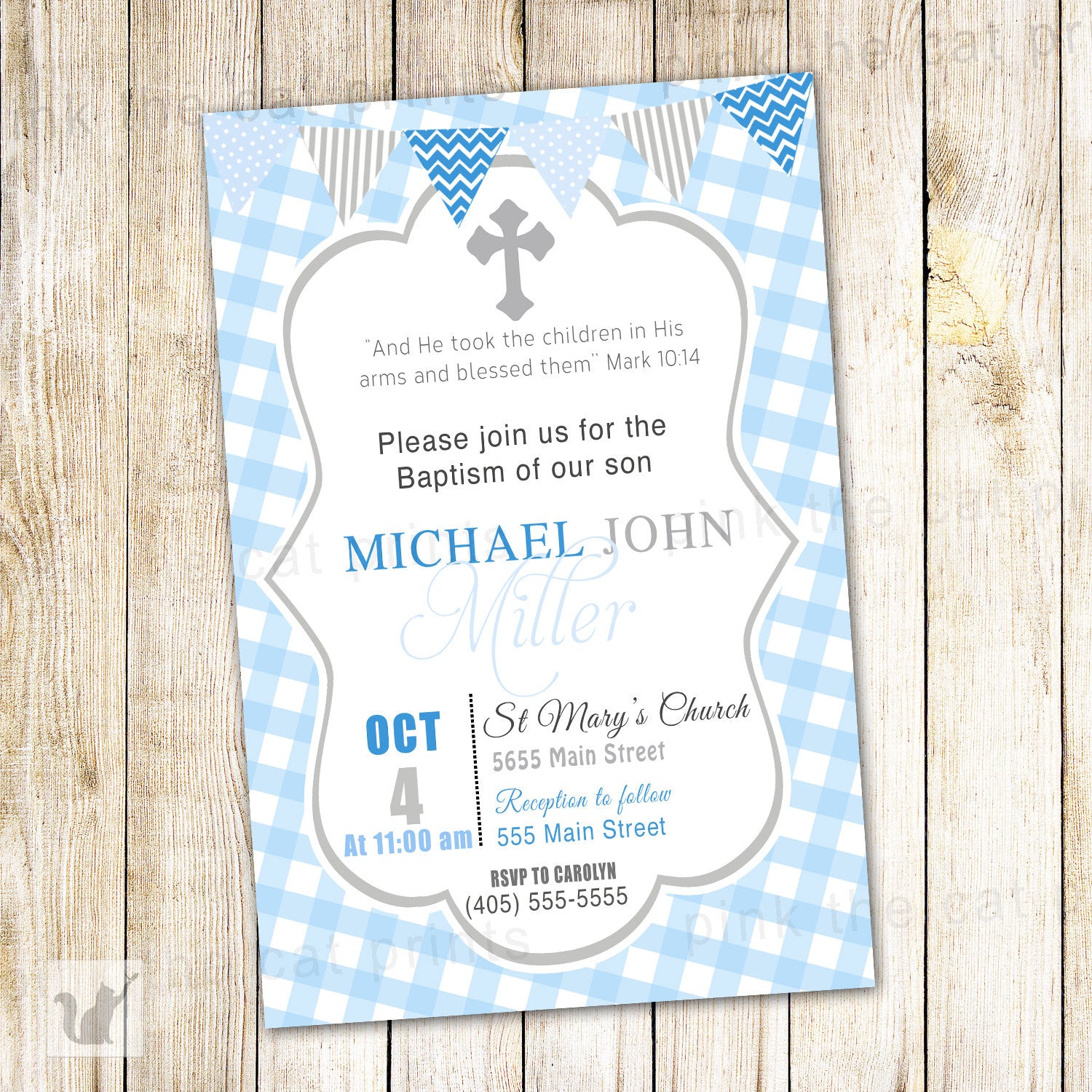 blue gingham baptism invitation