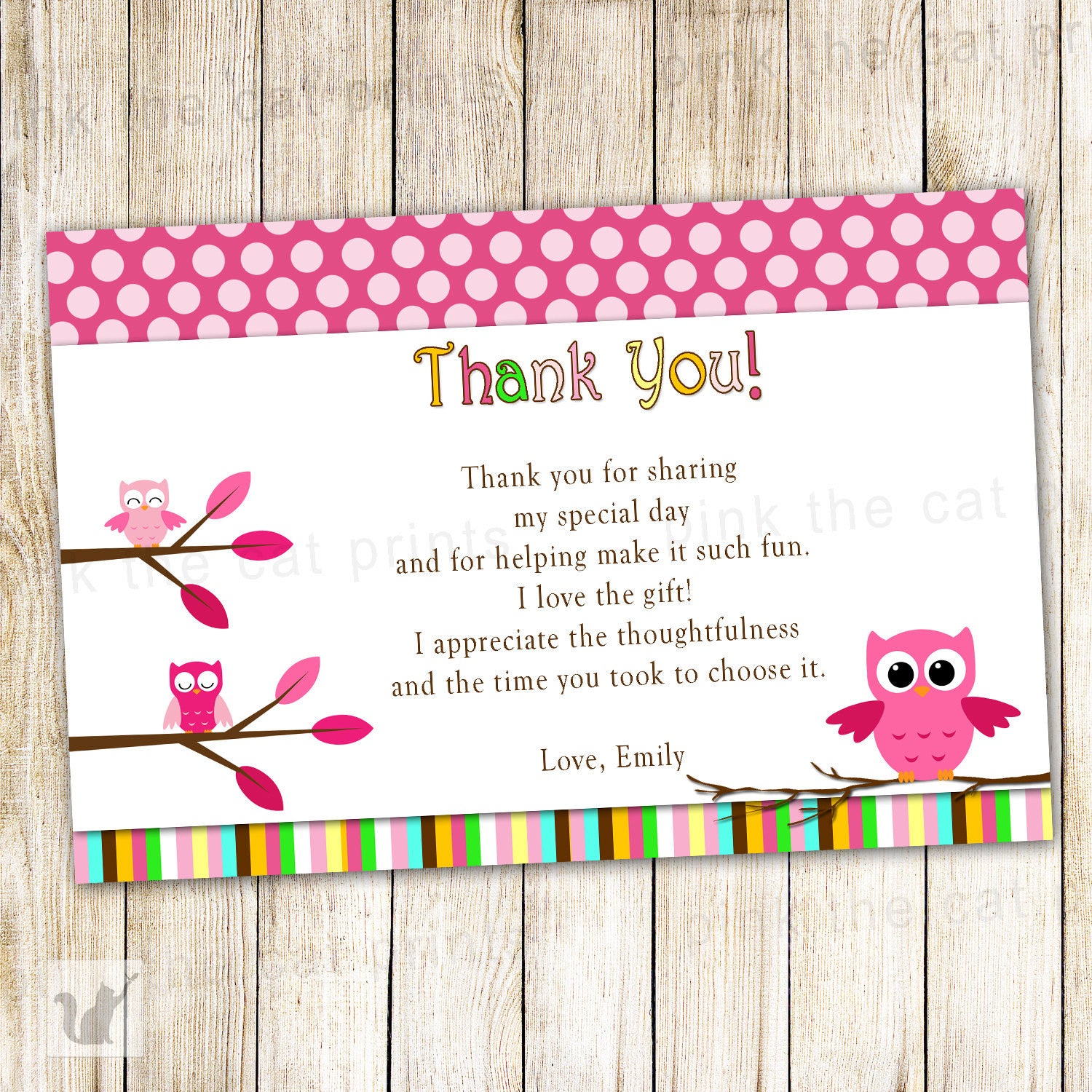 Owl Thank You Card Note Pink Birthday Baby Girl Shower