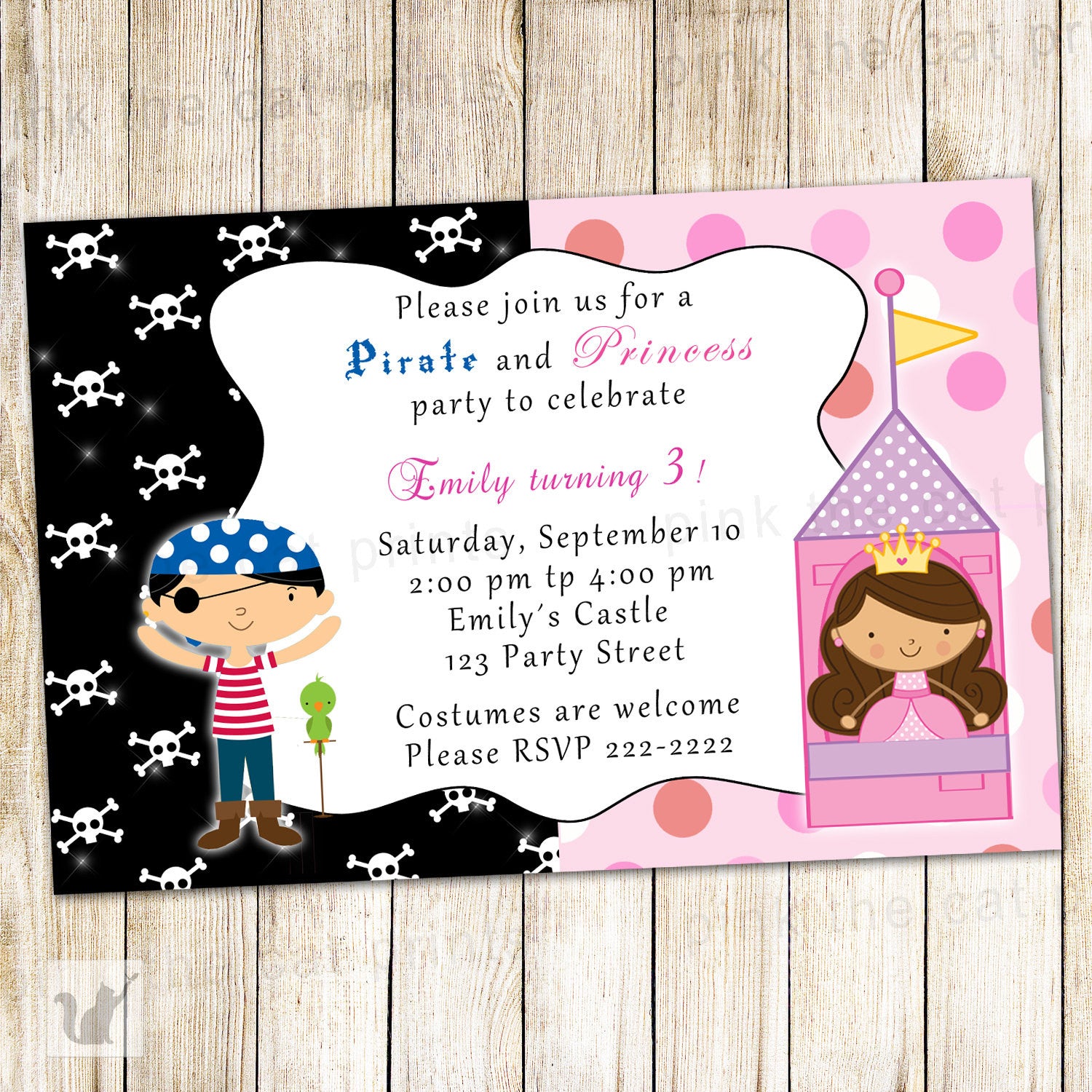 pirate princess kids birthday invitation