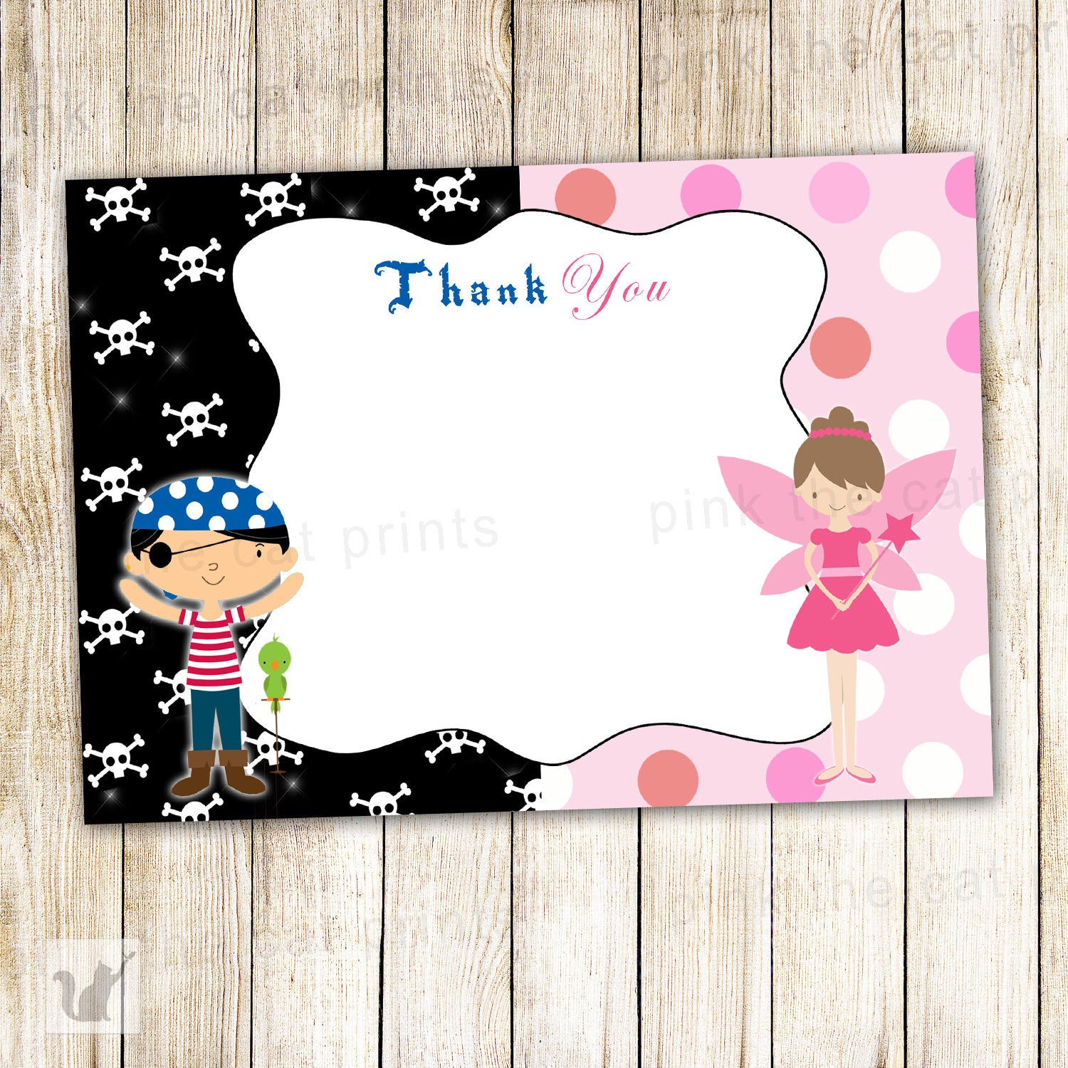 Pirate Fairy Thank You Card - Pixie Kids Birthday Party Notes Printable INSTANT DOWNLOAD