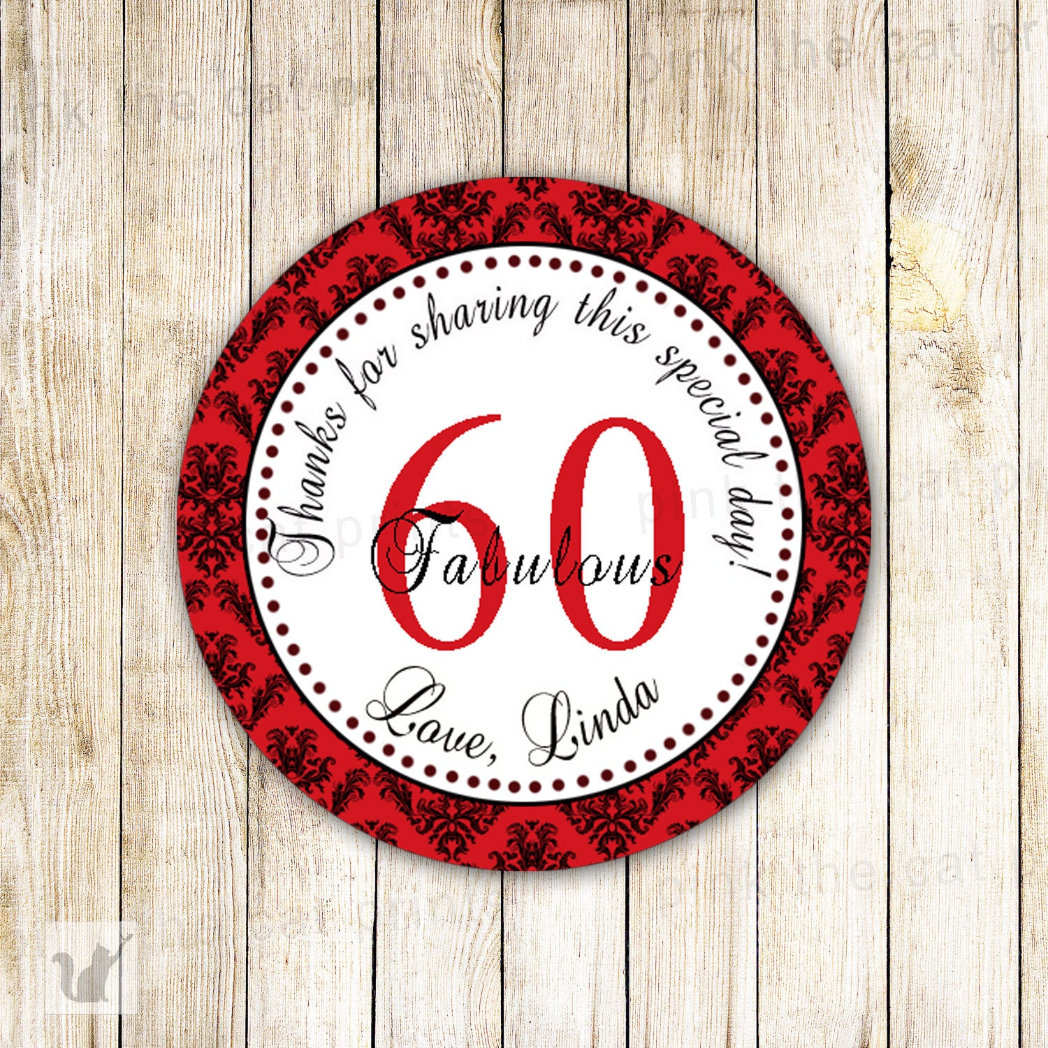 Red Damask Adult Birthday Party Thank You Tag Favor Label Sticker
