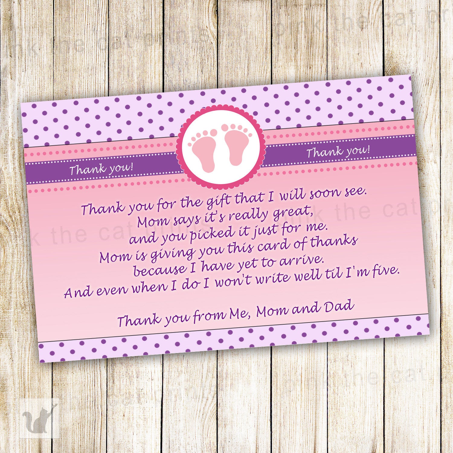 Polka Dots Thank You Card Baby Girl Shower Pink Purple Notes Printable INSTANT DOWNLOAD