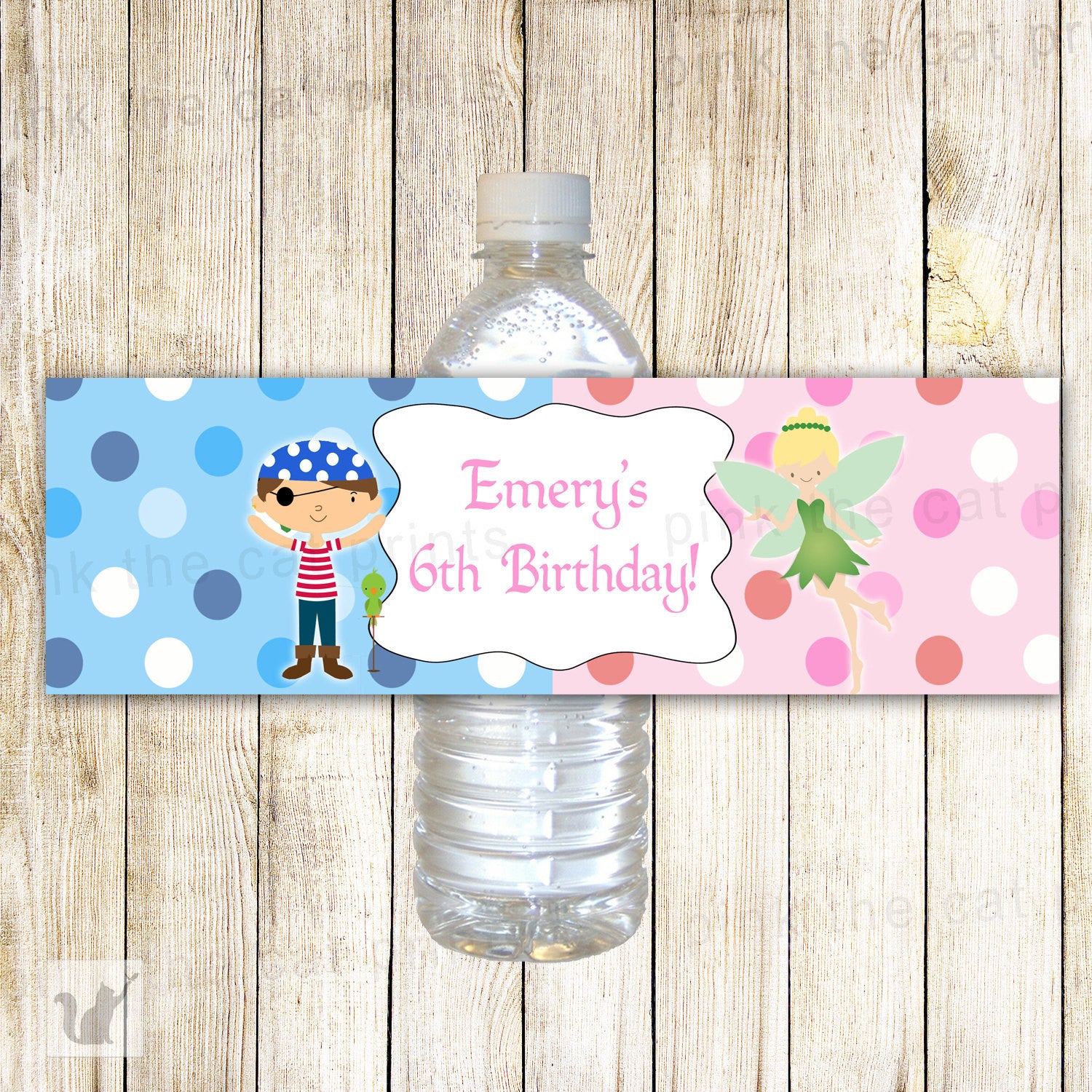 Pirate Fairy Bottle Label Kids Birthday Pink Blue