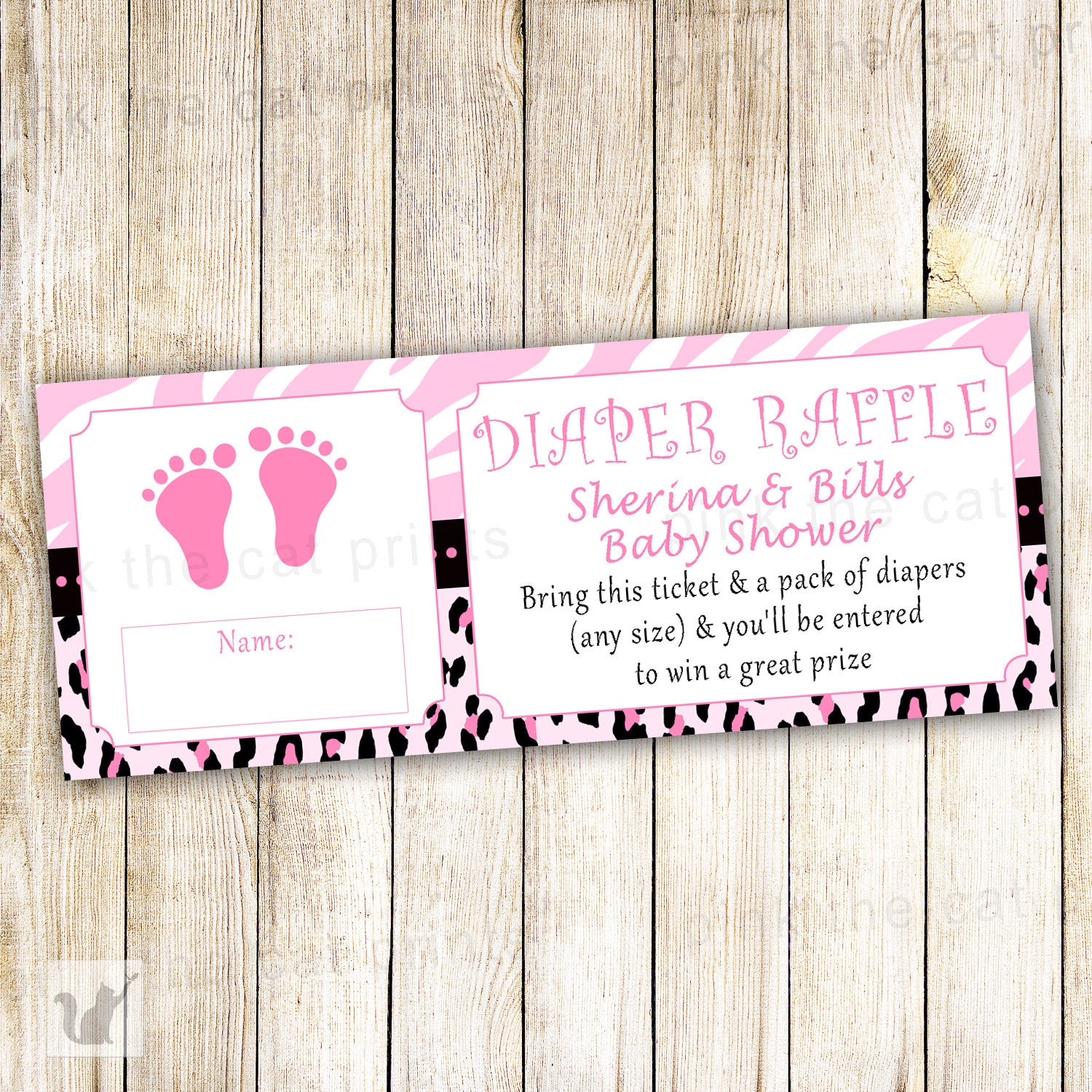 Diaper Raffle Card Ticket Baby Girl Shower Pink Feet Zebra Jungle
