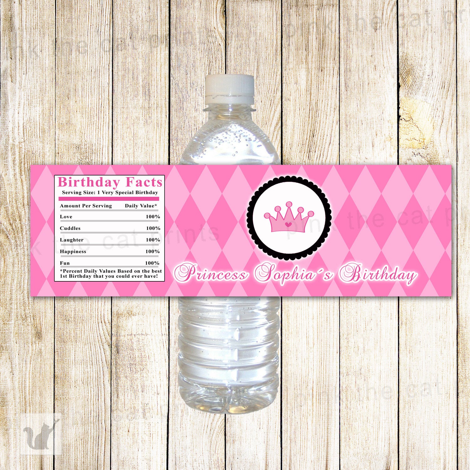 Princess Bottle Labels Birthday Baby Shower Pink Argyle