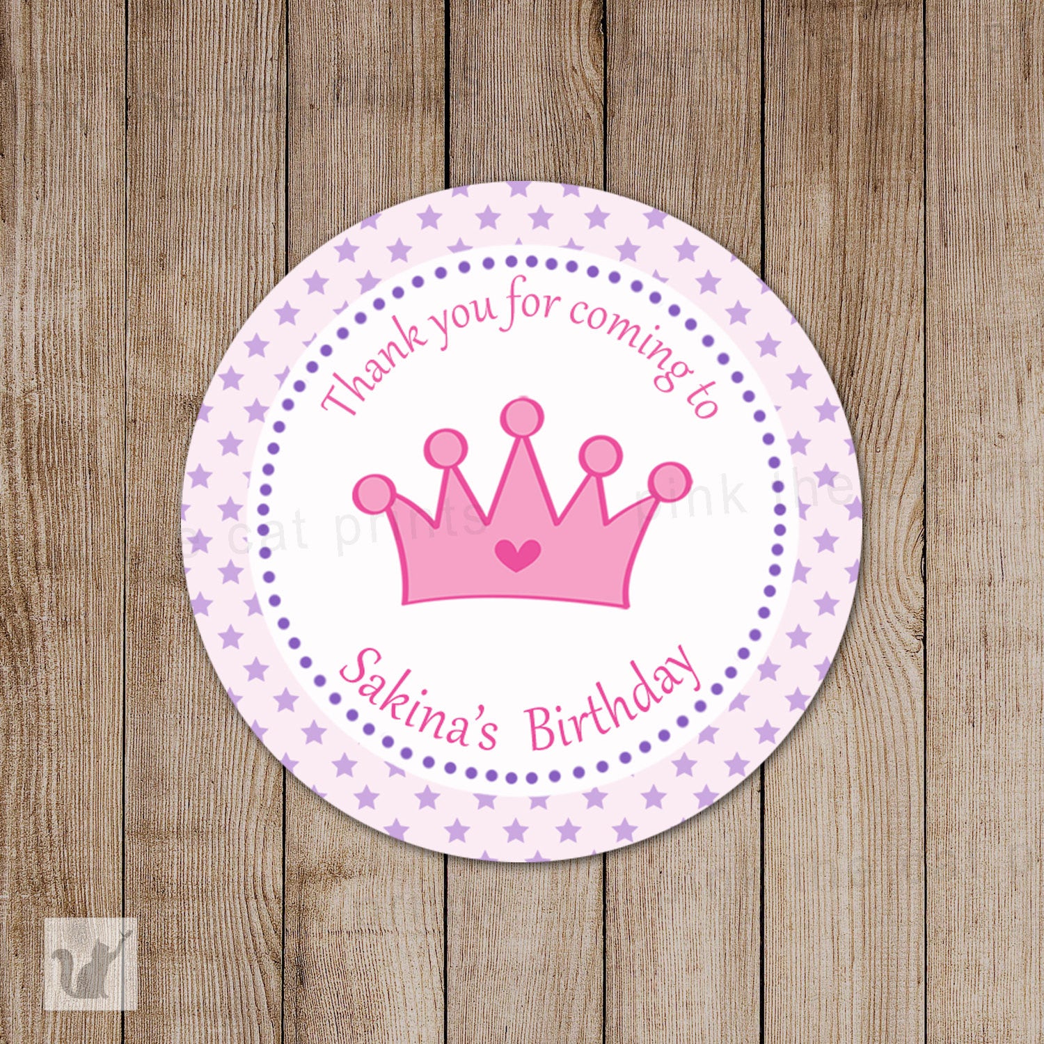 Purple Pink Star Princess Thank You Tag Label Favor Sticker Girl Birthday