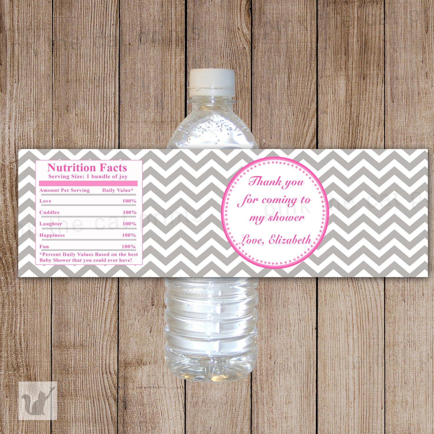 Pink Grey Baby Shower Birthday Bottle Label