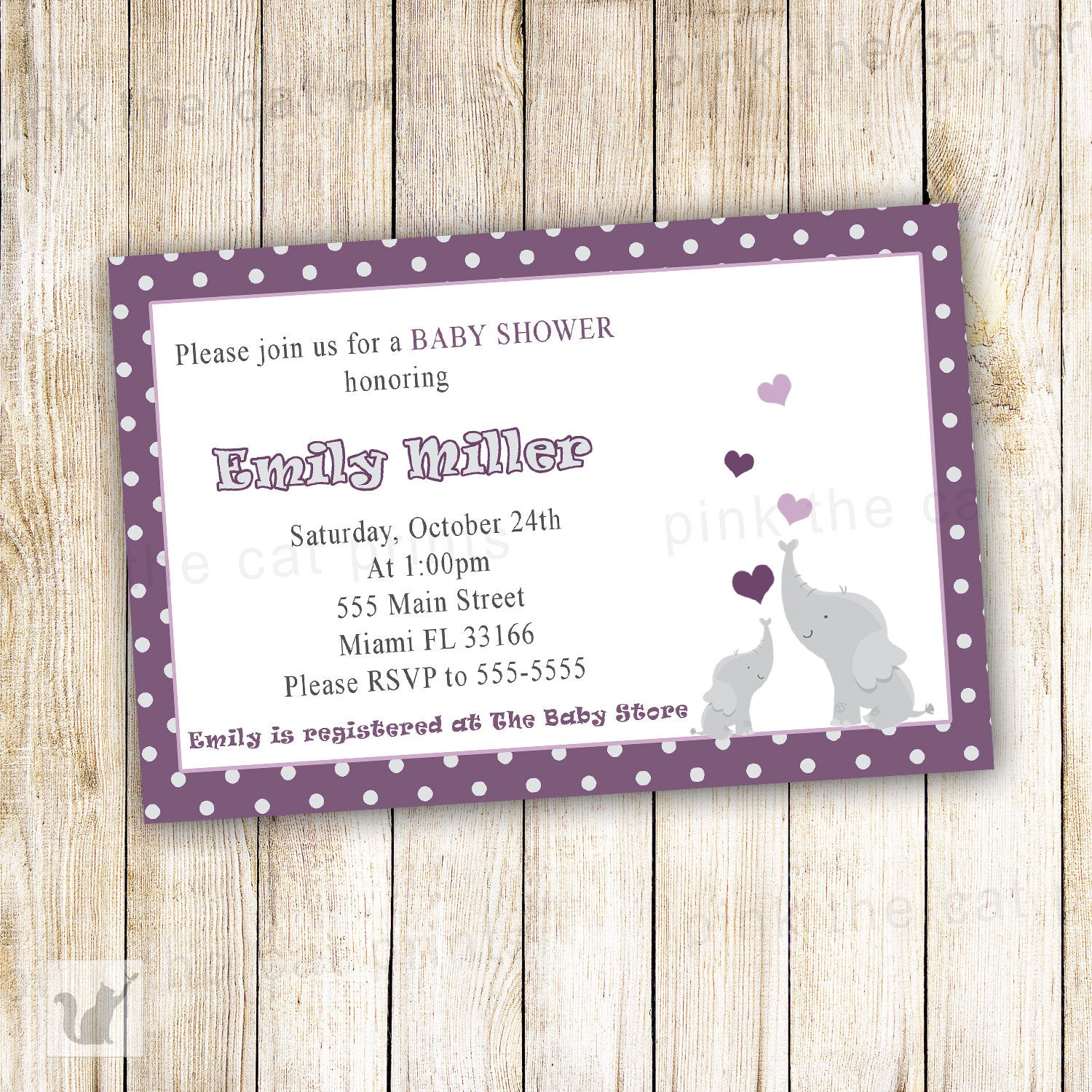 purple grey elephant poka dots invitation