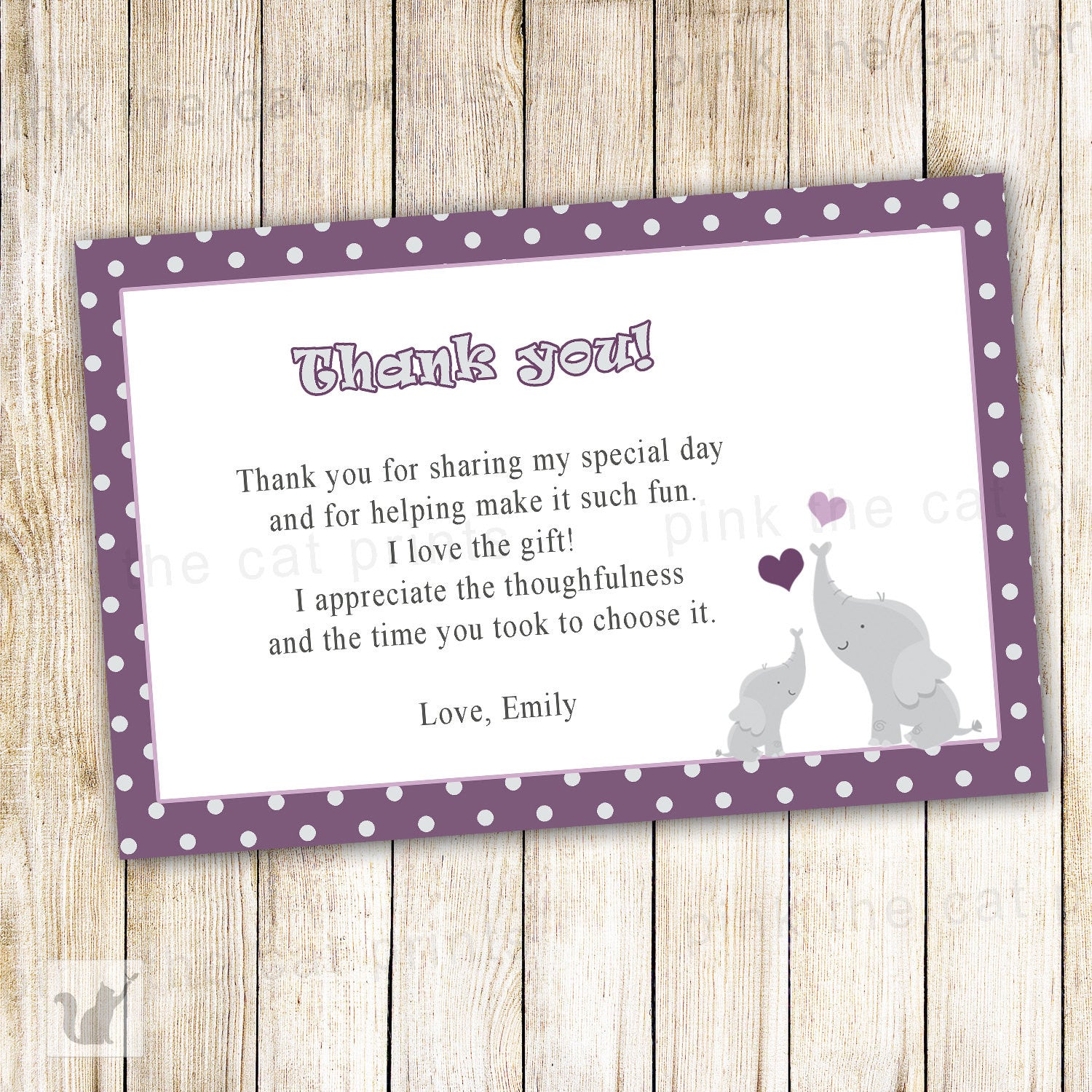 Elephant Thank You Note Card Purple Grey Dots Baby Shower