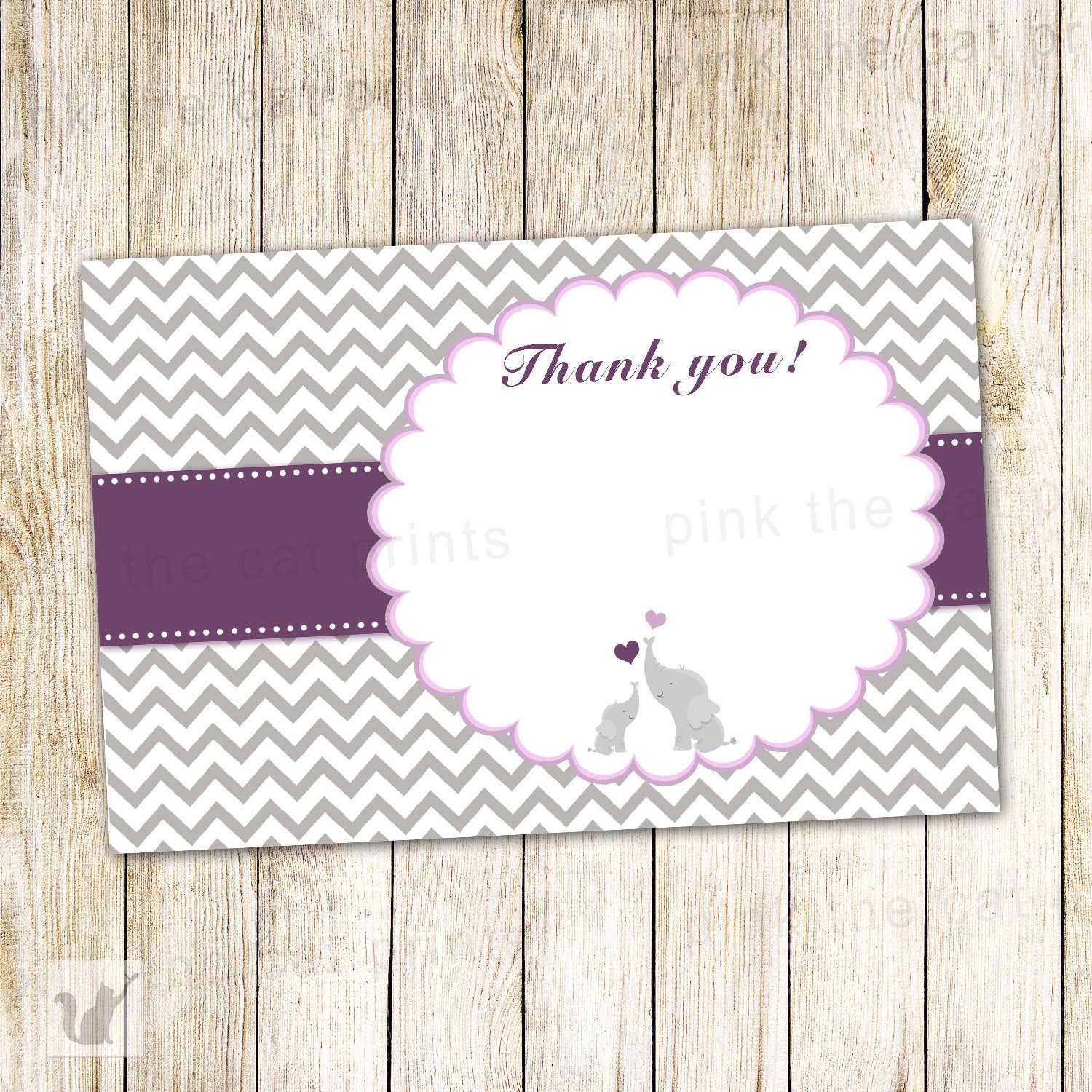 Elephant Thank You Card Baby Girl Shower Note Purple Grey