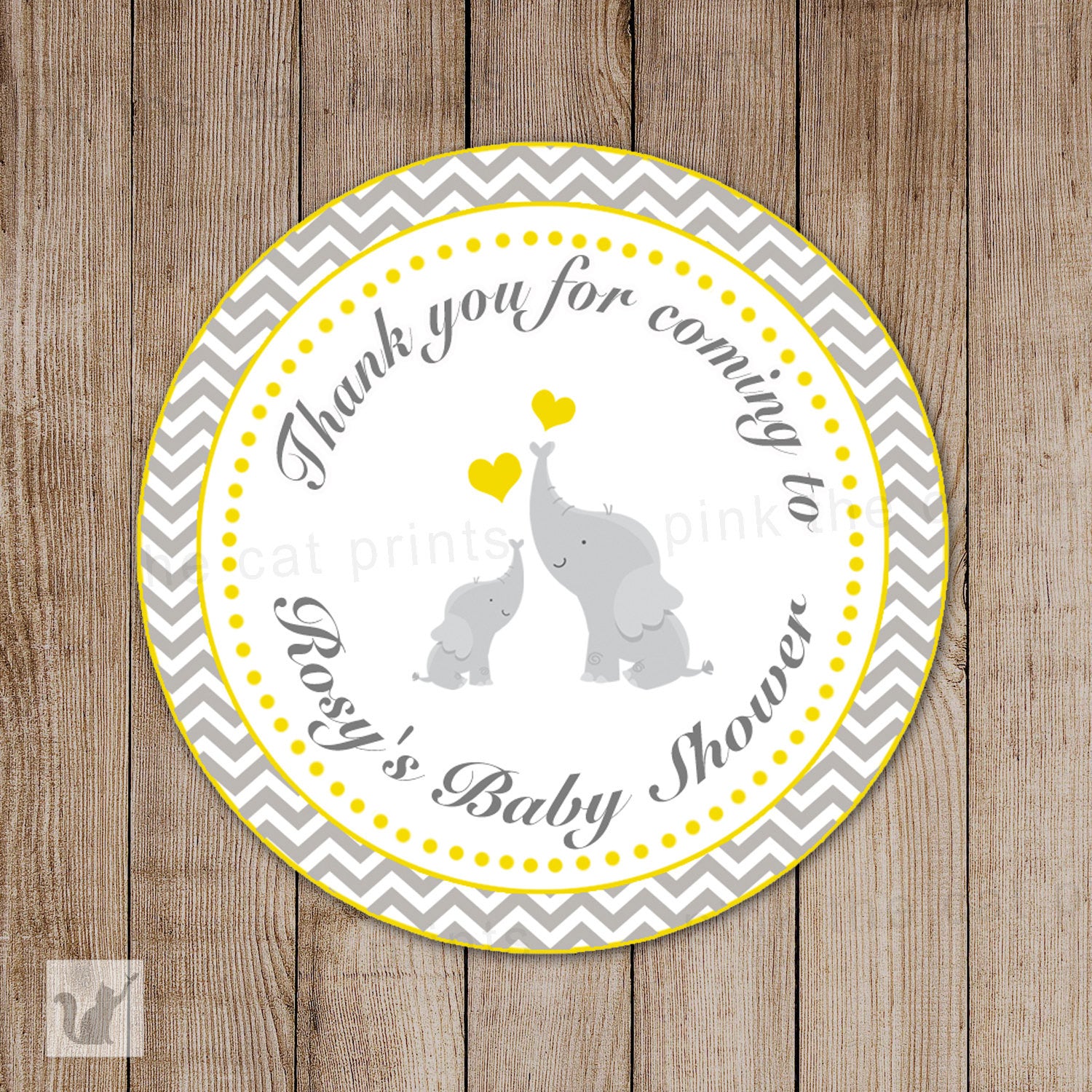 Yellow Grey Elephant Baby Shower Thank You Tag Sticker Favor Label