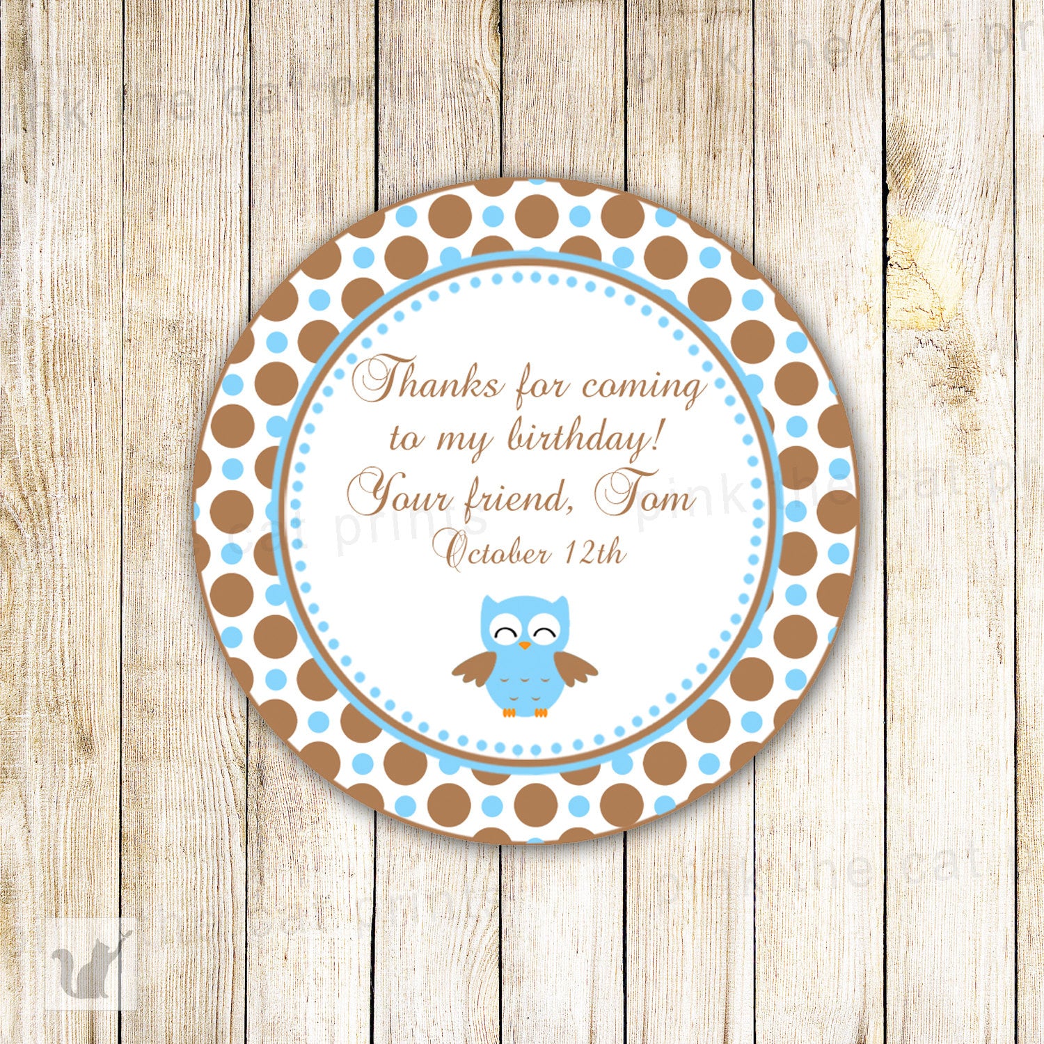 Owl Label Blue Brown Baby Boy Shower Birthday Tag Sticker