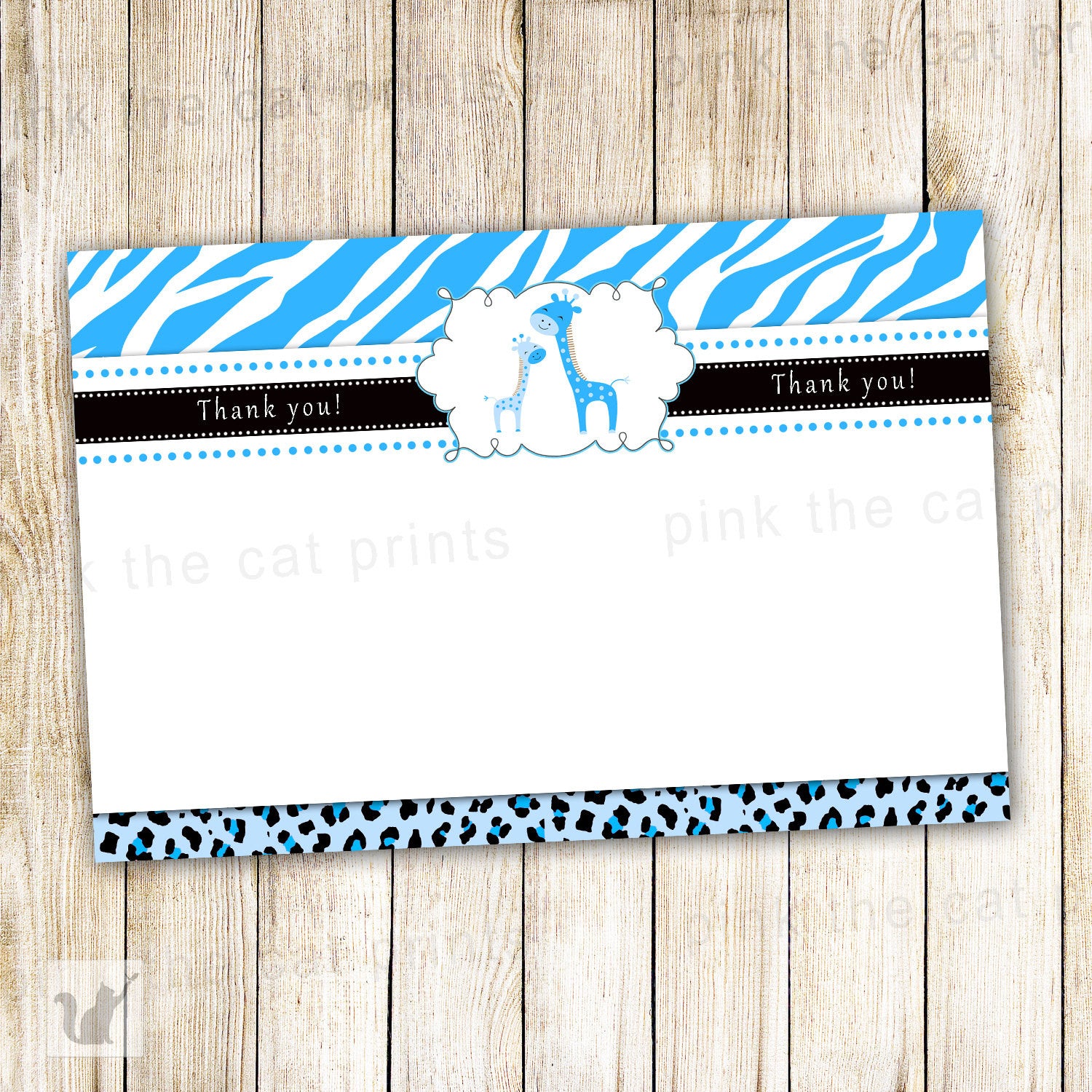 INSTANT DOWNLOAD Blue Giraffe Baby Shower Boy Blank Thank You Card - Zebra Leopard Jungle Safari Design Handwritten Notes