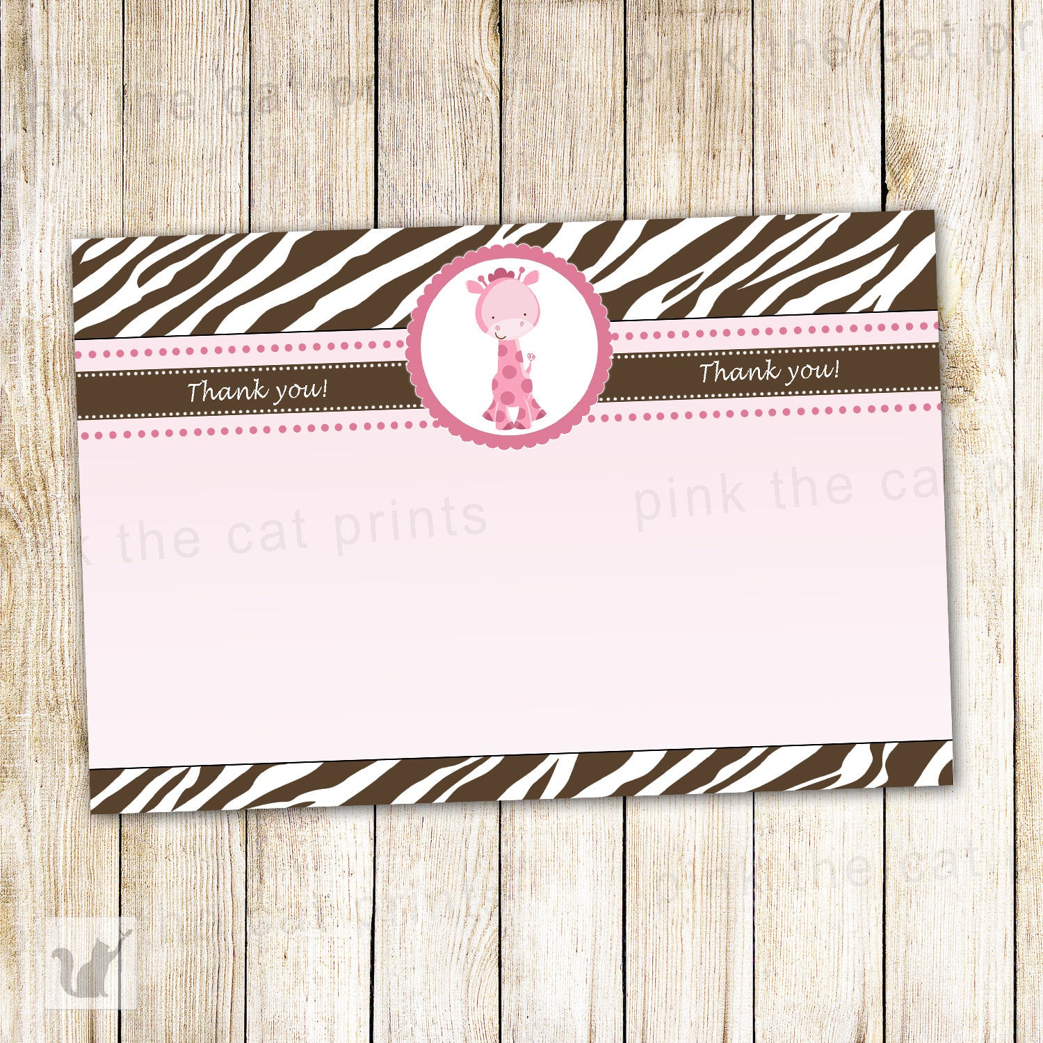 Giraffe Thank You Card - Baby Girl Shower Birthday Party Notes Pink Brown Zebra INSTANT DOWNLOAD