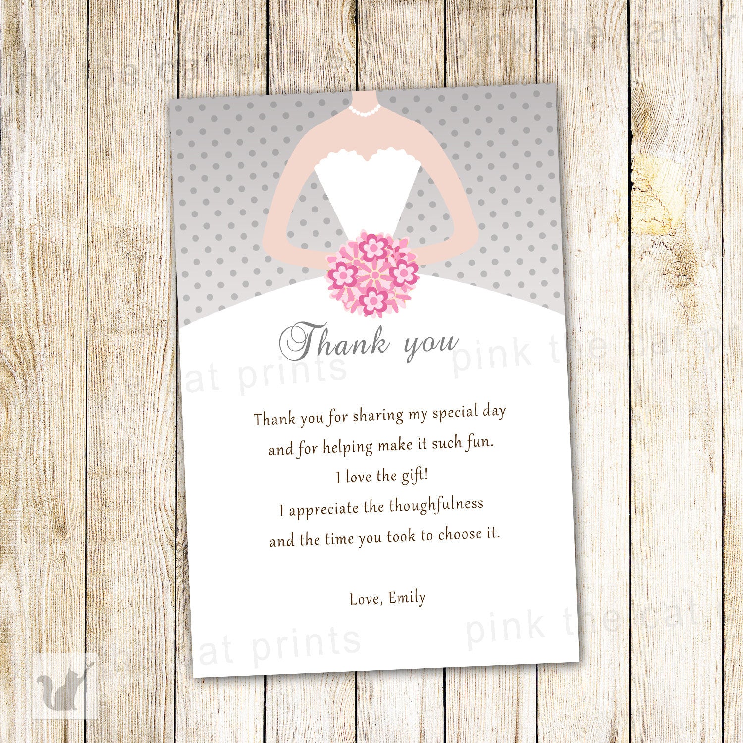 Dress Silver Pink Bridal Shower Thank You Card Note
